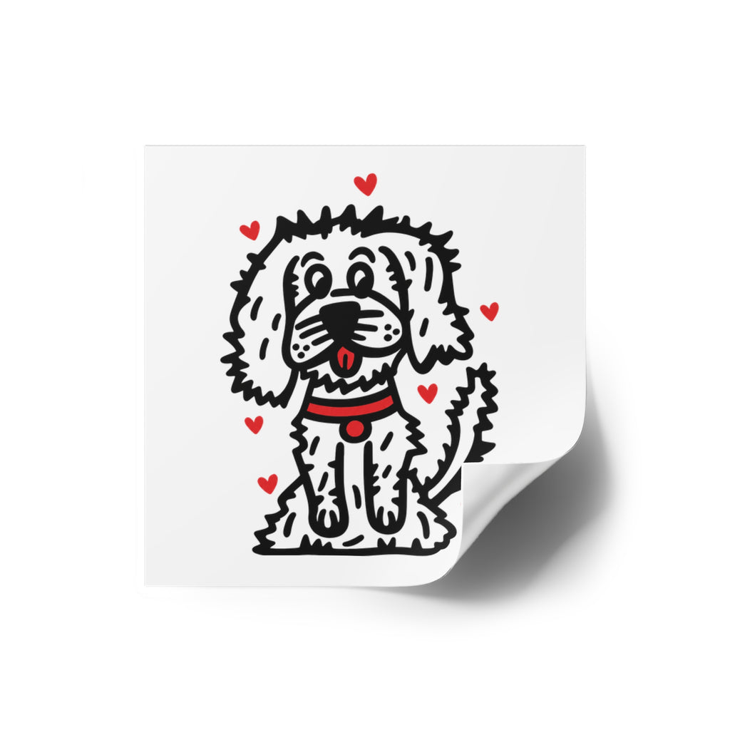 Hand-Drawn Cute Puppy with Red Collar and Red Hearts Square Sticker | Indoor Outdoor