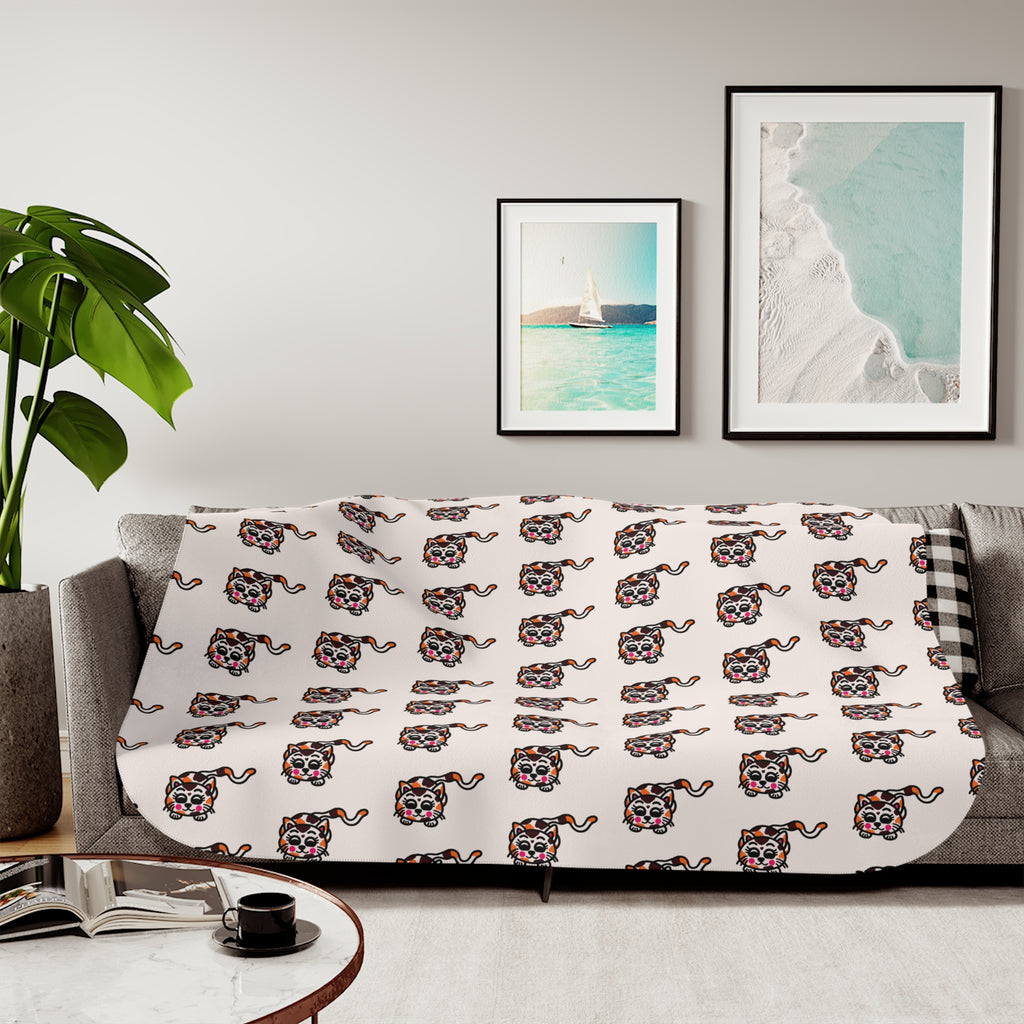 Hand-Drawn Cute Patterned Cat Sherpa Blanket | Cream Repeat Illustration