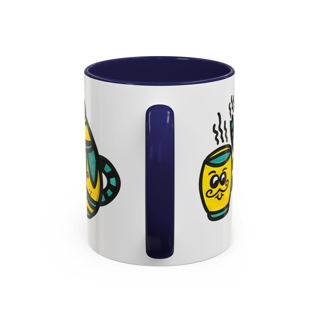 Hand-Drawn Yellow and Teal Mustache Teapot and Smiling Cup Mug | Accent Coffee Mug