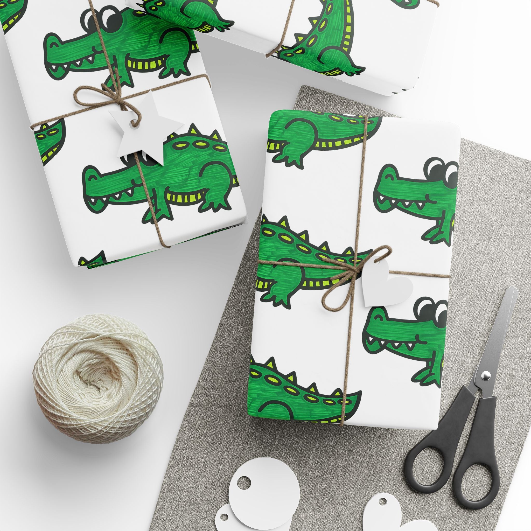 Hand-Drawn Green Cartoon Alligator Wrapping Paper | Repeating Dino Pattern