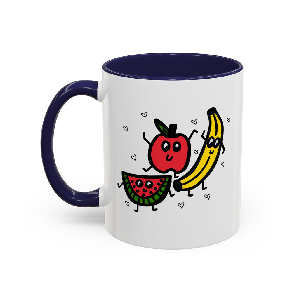 Hand-Drawn Smiling Banana Apple Watermelon Mug | Cute Fruit Faces Coffee Cup