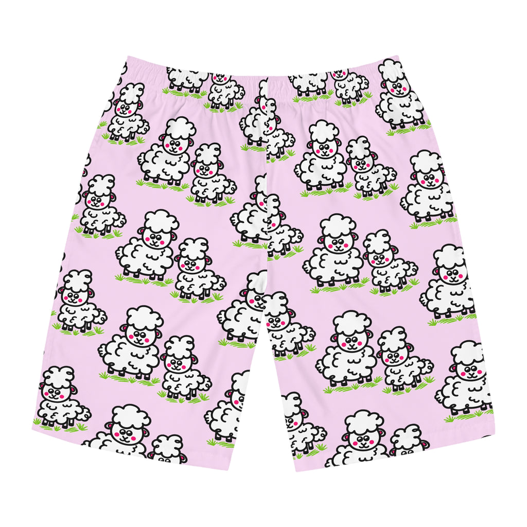 Hand-Drawn Cute Cartoon Sheep Pattern Men's Board Shorts | Pink All-Over Print