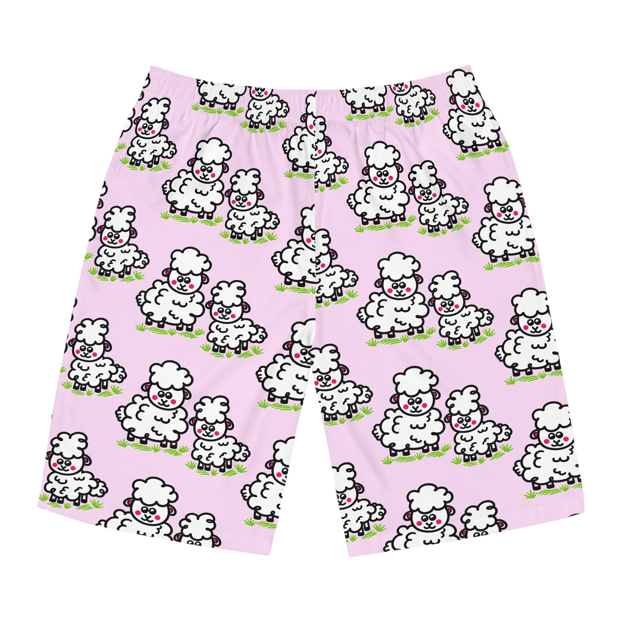 Hand-Drawn Cute Cartoon Sheep Pattern Men's Board Shorts | Pink All-Over Print