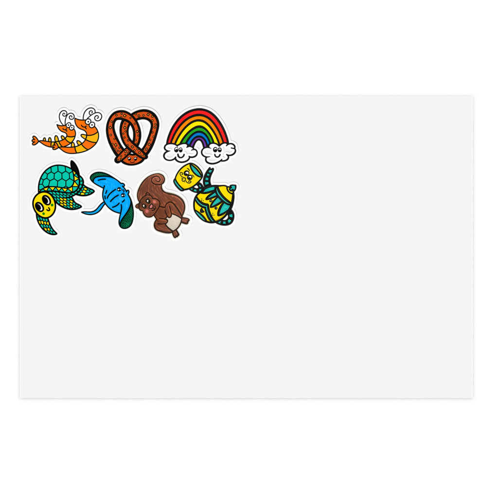 Cute Animal Rainbow Pretzel Sticker Sheet | Turtle, Shrimp, Stingray, Squirrel, and Teapot Set Stickers