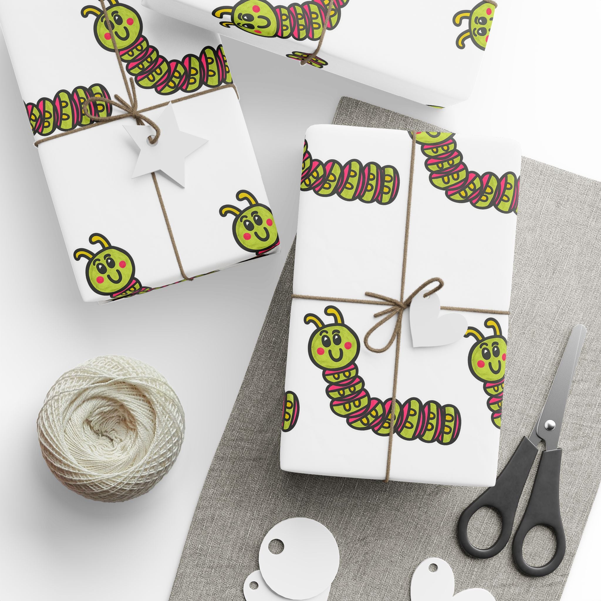 Hand-Drawn Green Cartoon Caterpillar Wrapping Paper | Repeating Bug Pattern