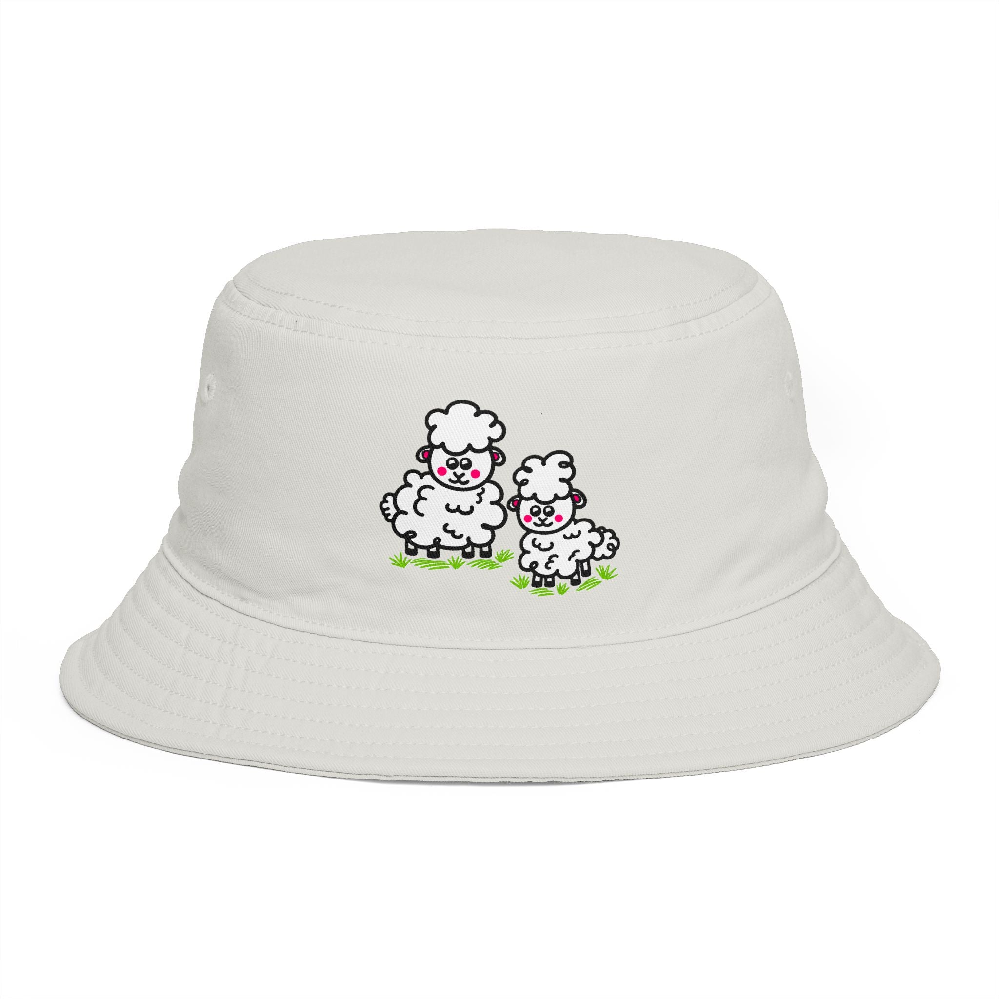 Hand-Drawn Cute Fluffy Sheep Family Bucket Hat | Cartoon Lambs, Pastel Meadow Design