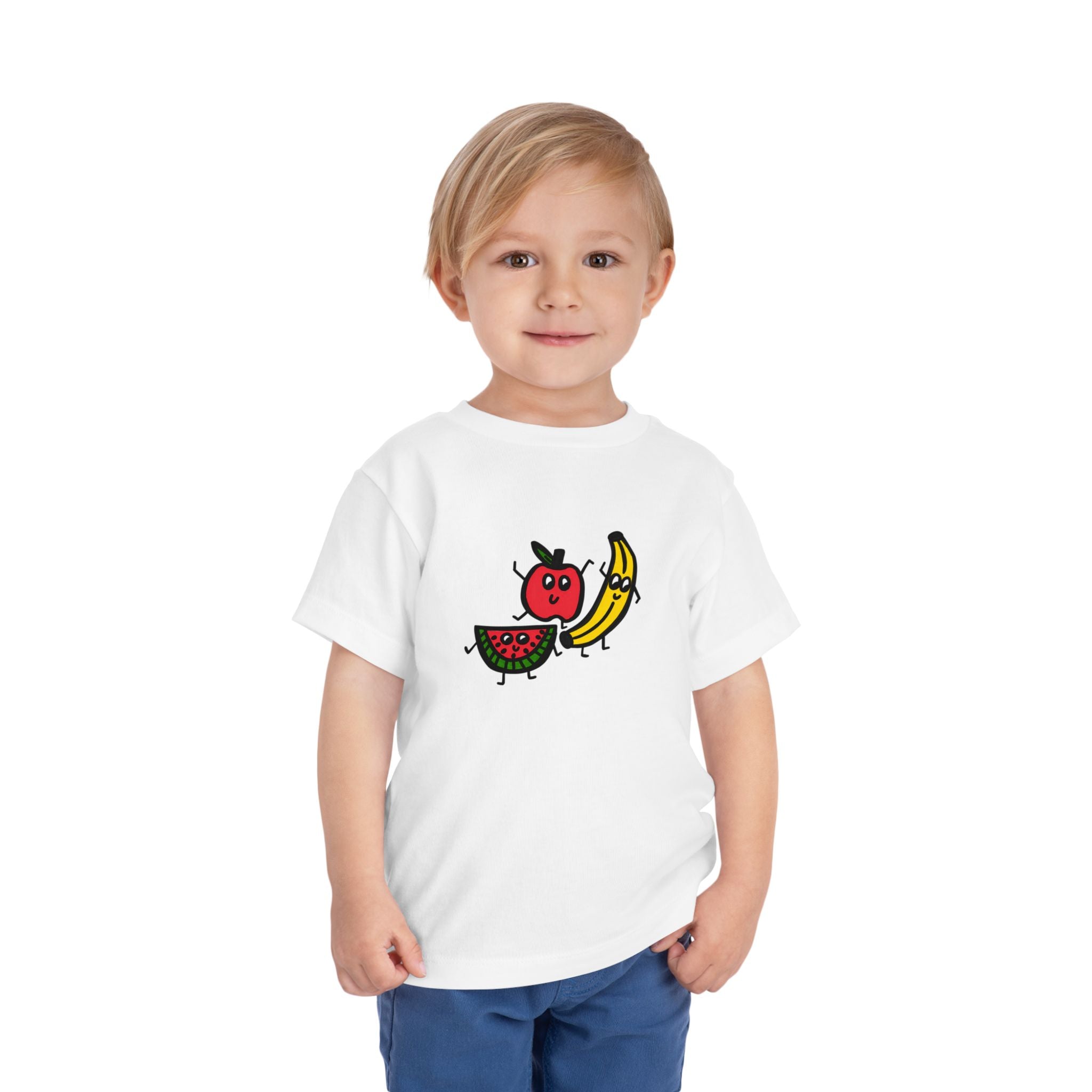 Hand-Drawn Dancing Fruit Characters Toddler Tee | Cute Apple Banana Watermelon