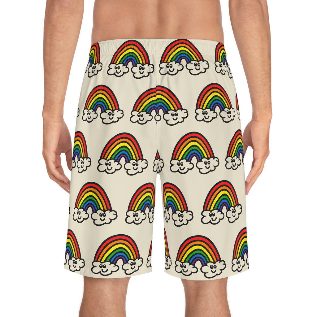 Hand-Drawn Smiling Rainbow Pattern Board Shorts | All-Over Print