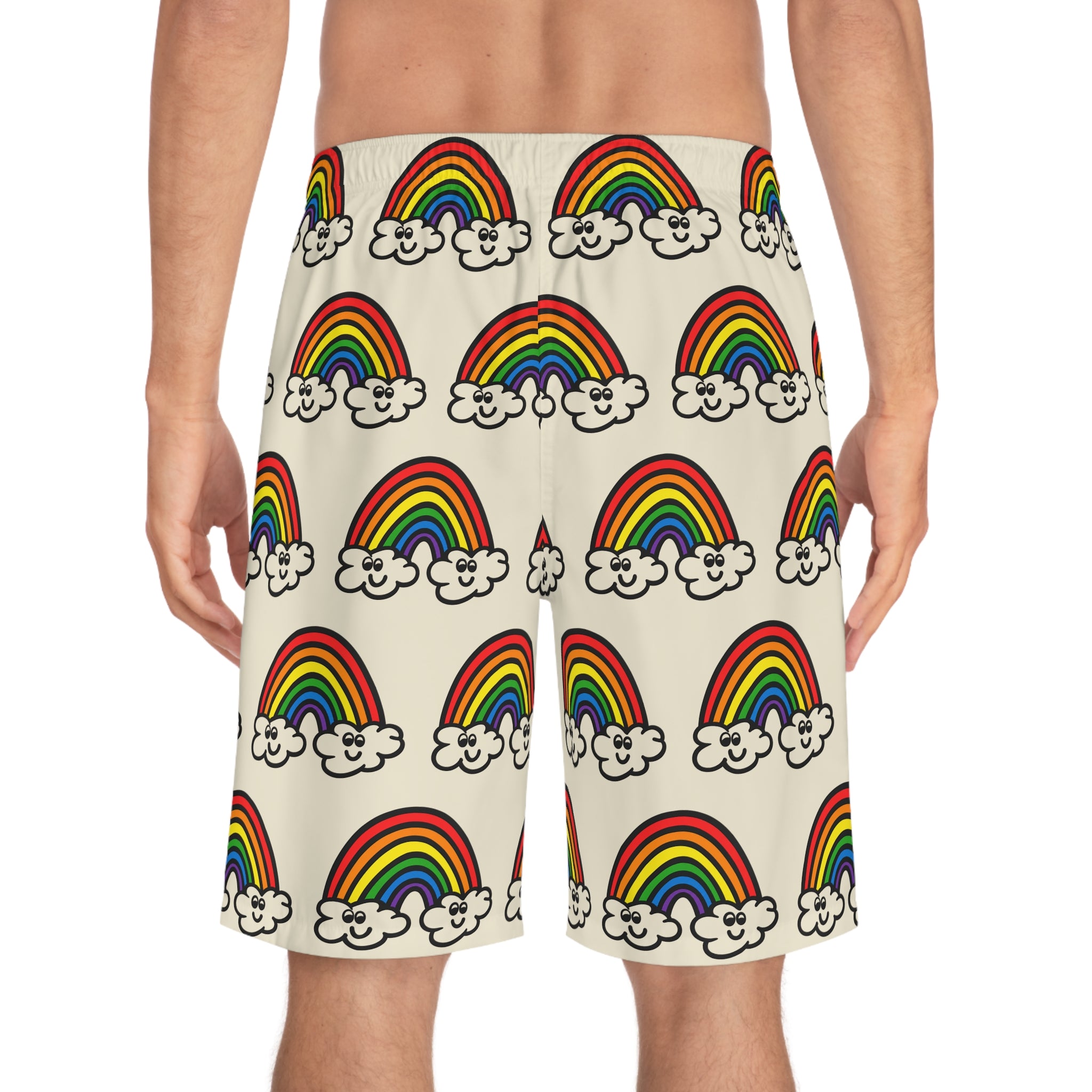 Hand-Drawn Smiling Rainbow Pattern Board Shorts | All-Over Print