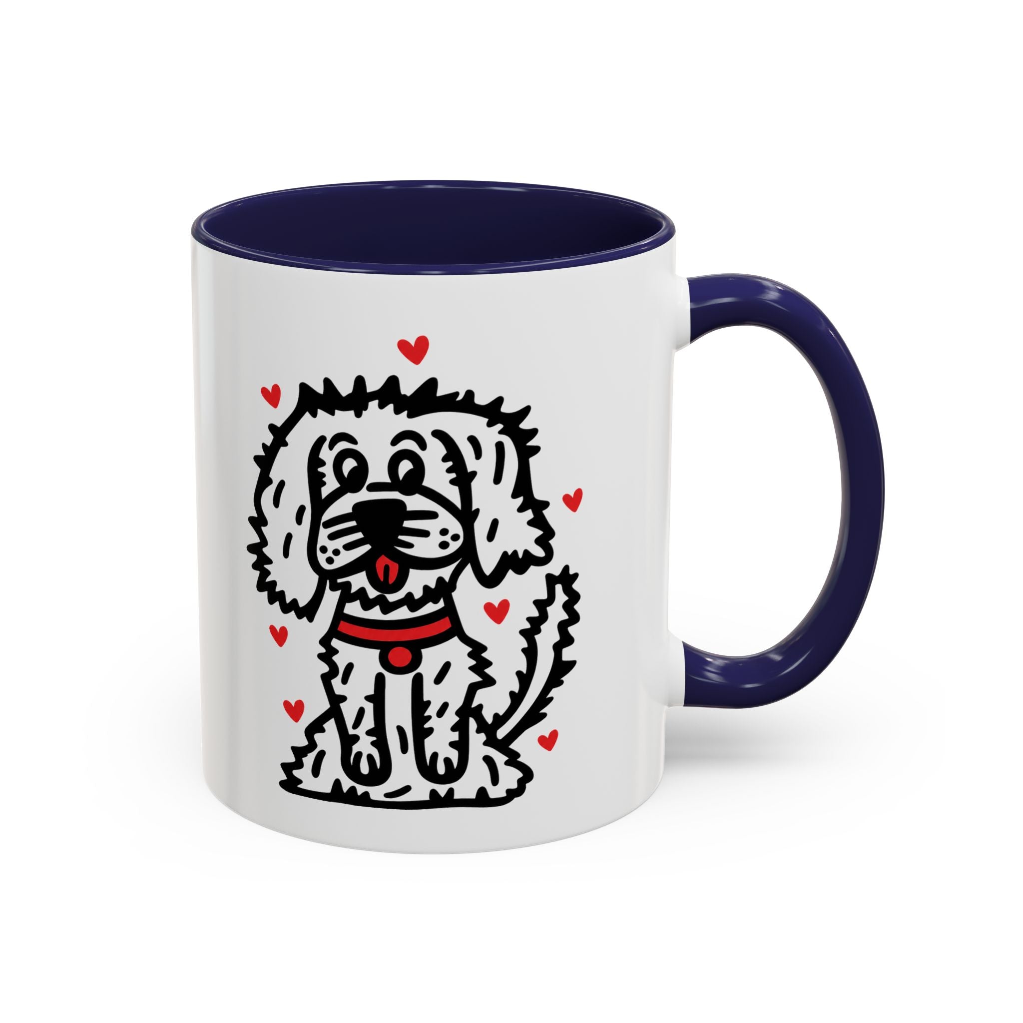 Hand-Drawn Fluffy Dog Red Collar Accent Coffee Mug | White Dog Illustration