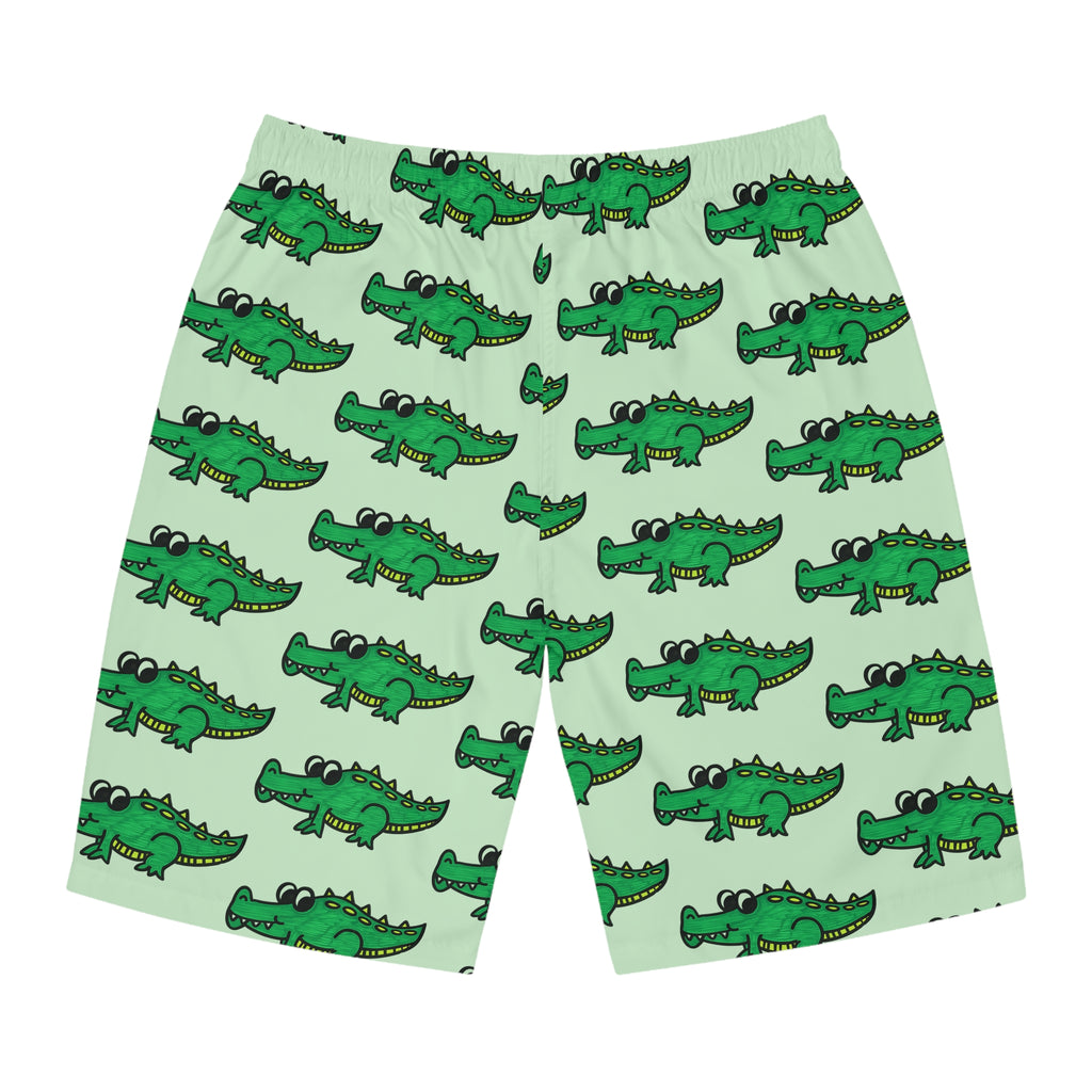 Hand-Drawn Cartoon Alligator Pattern Board Shorts | Green Crocodile Swim Trunks
