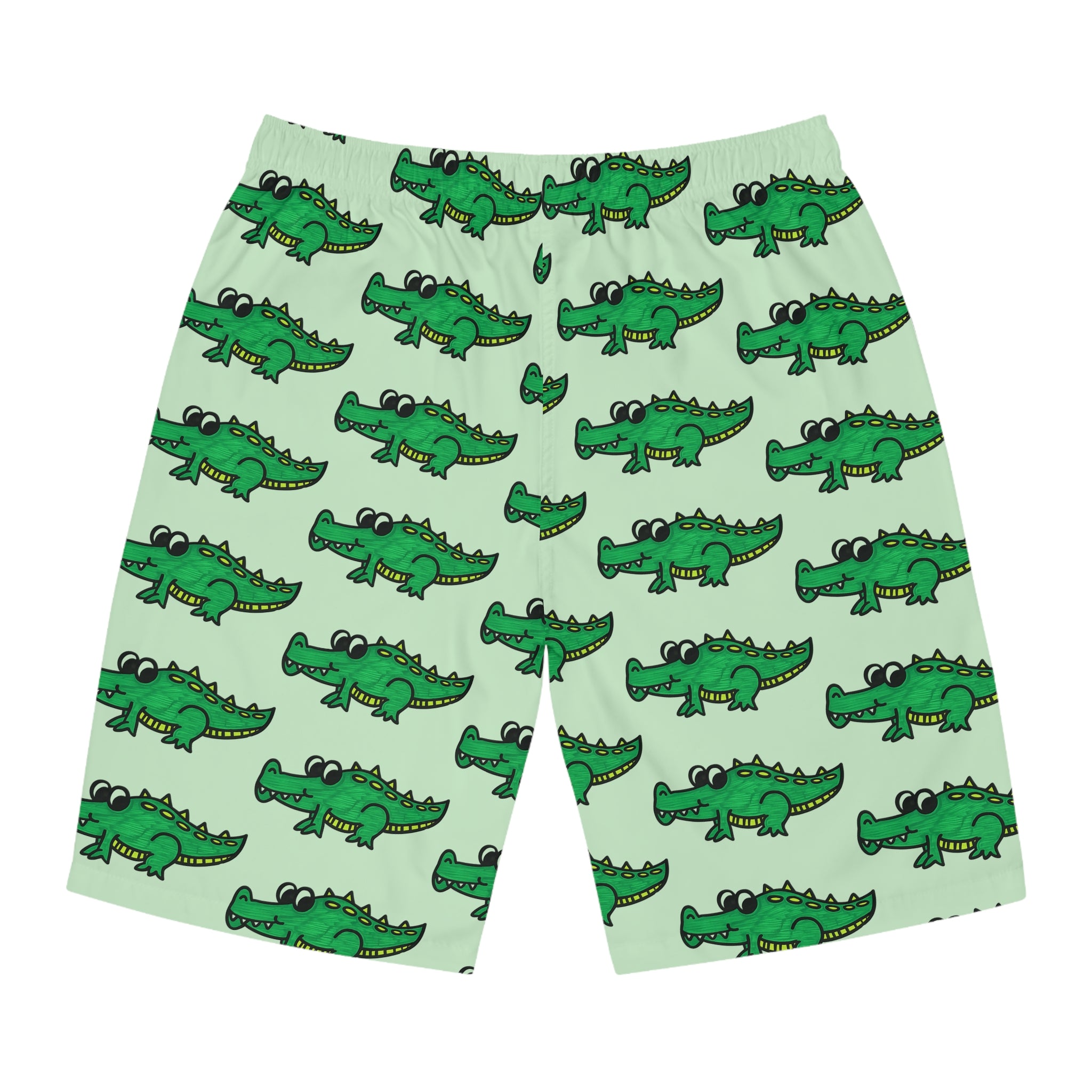 Hand-Drawn Cartoon Alligator Pattern Board Shorts | Green Crocodile Swim Trunks