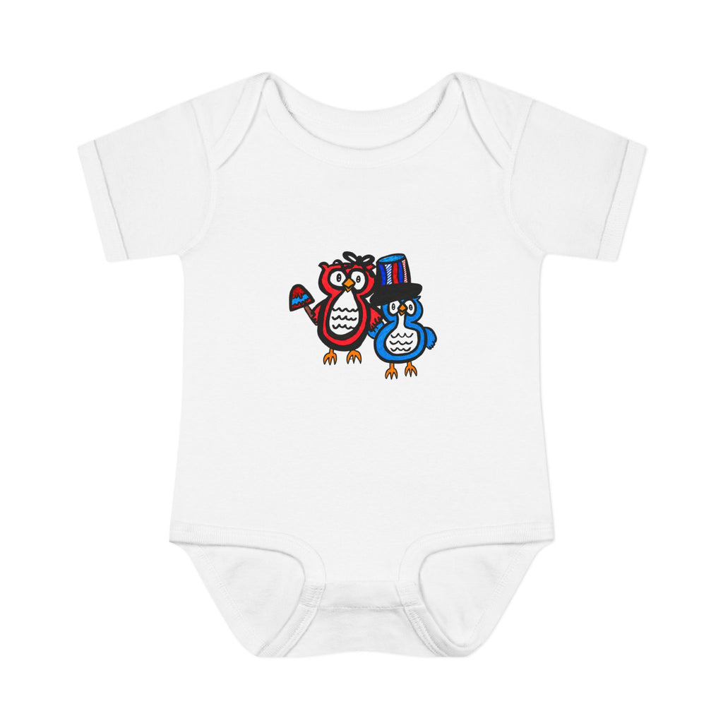 Hand-Drawn Patriotic Owls Infant Bodysuit | Red White Blue July 4th