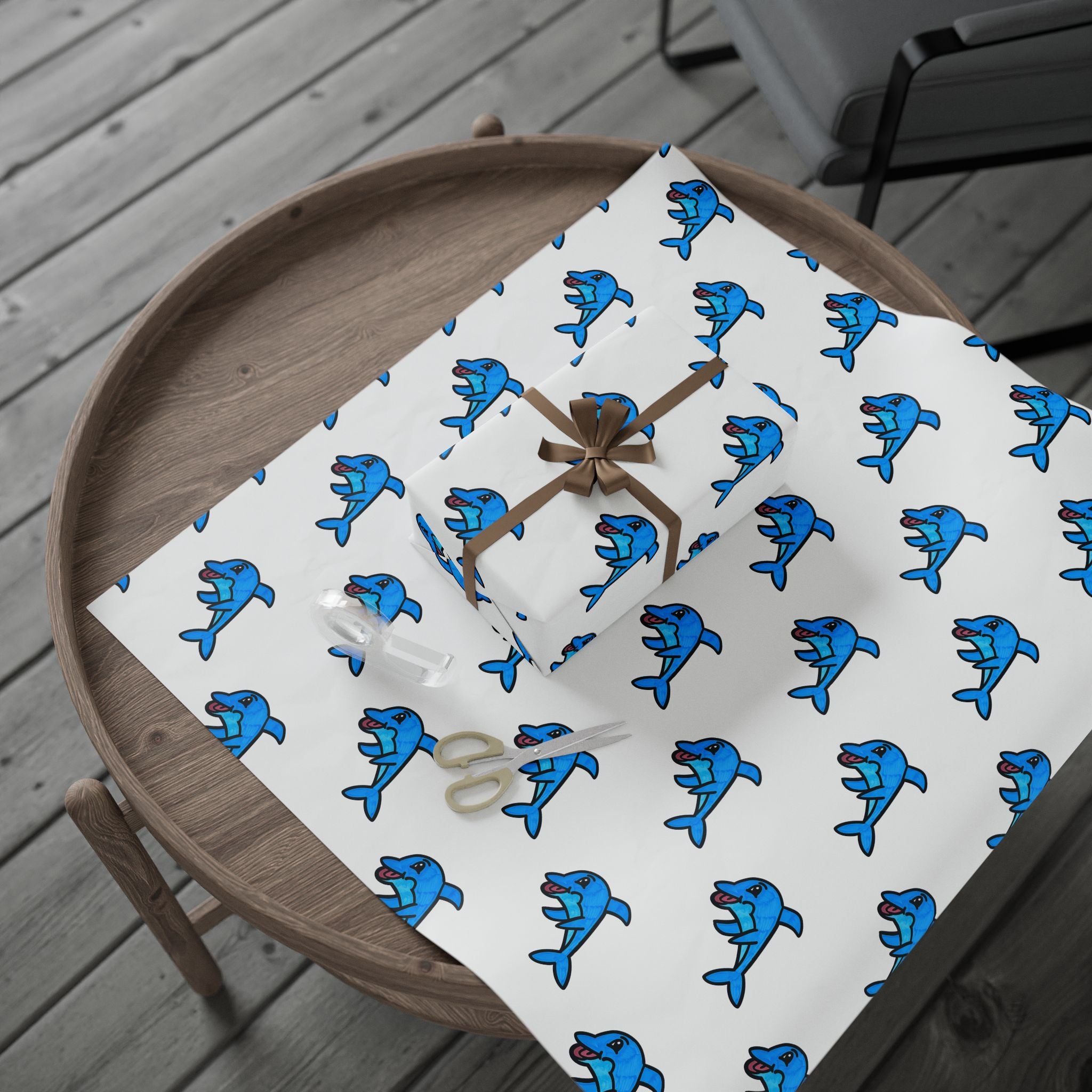 Hand-Drawn Blue Cartoon Dolphin Wrapping Paper | Ocean Sea Animal Pattern