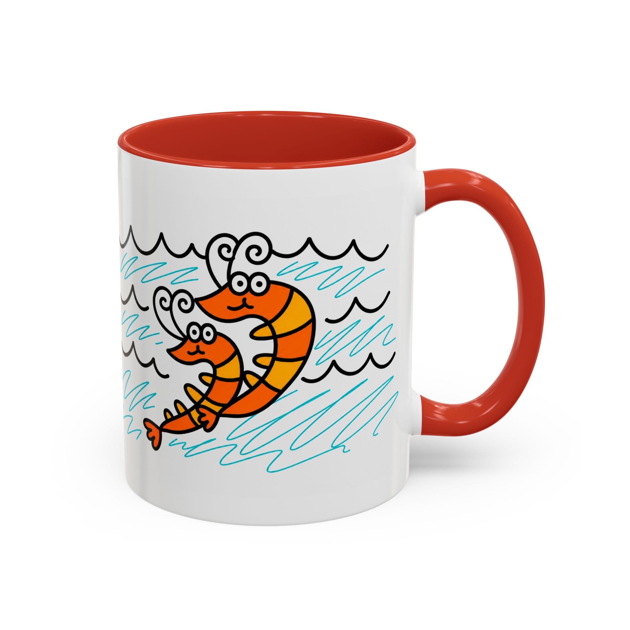 Hand-Drawn Two Shrimp Ocean Waves Mug | Coastal Seafood Ceramic Coffee Mug