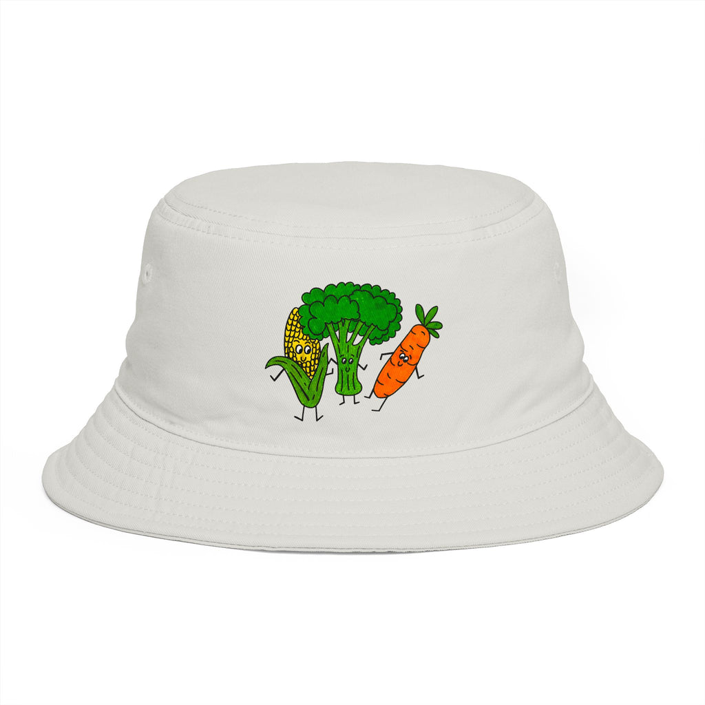 Hand-Drawn Dancing Veggies Bucket Hat | Corn Broccoli Carrot Illustration