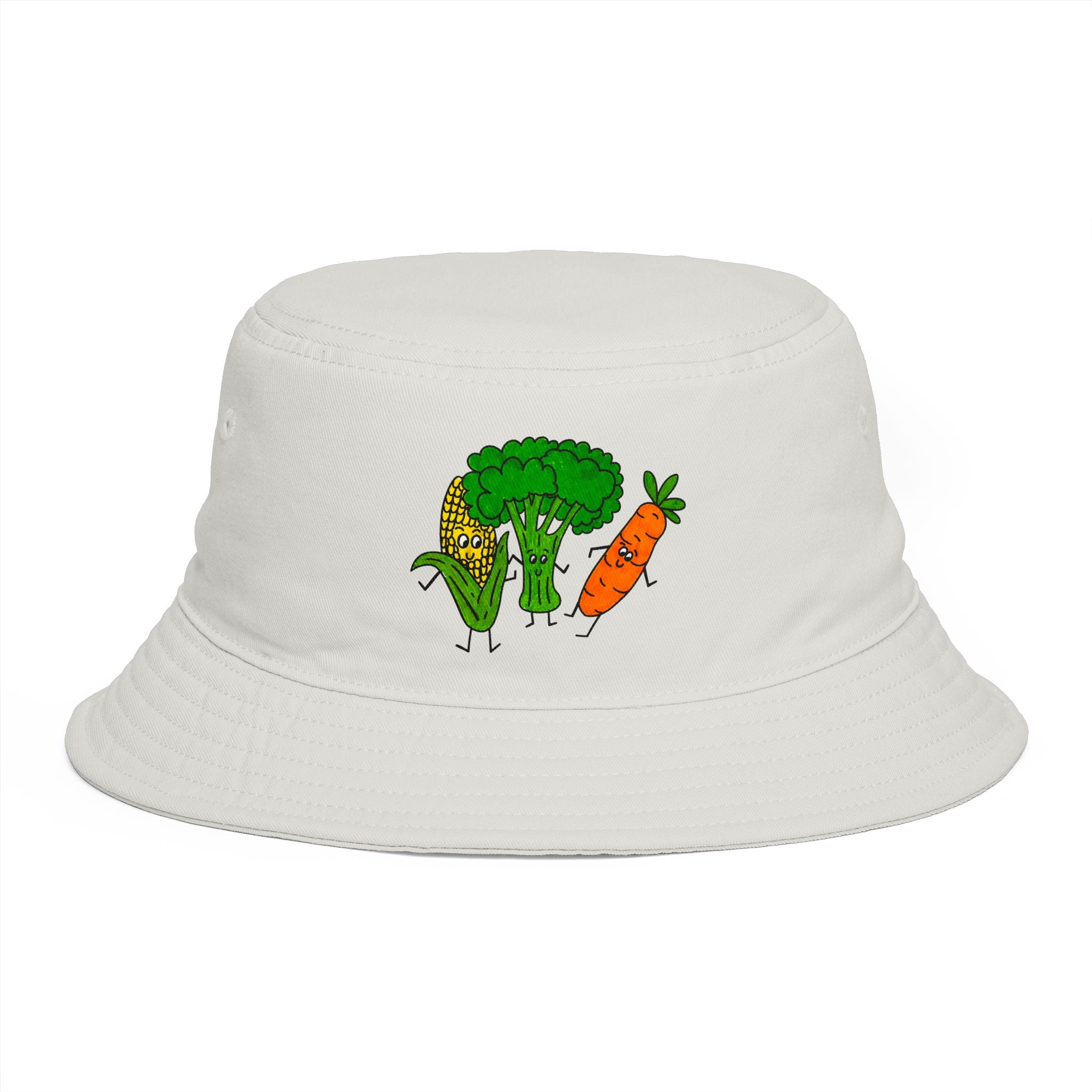 Hand-Drawn Dancing Veggies Bucket Hat | Corn Broccoli Carrot Illustration