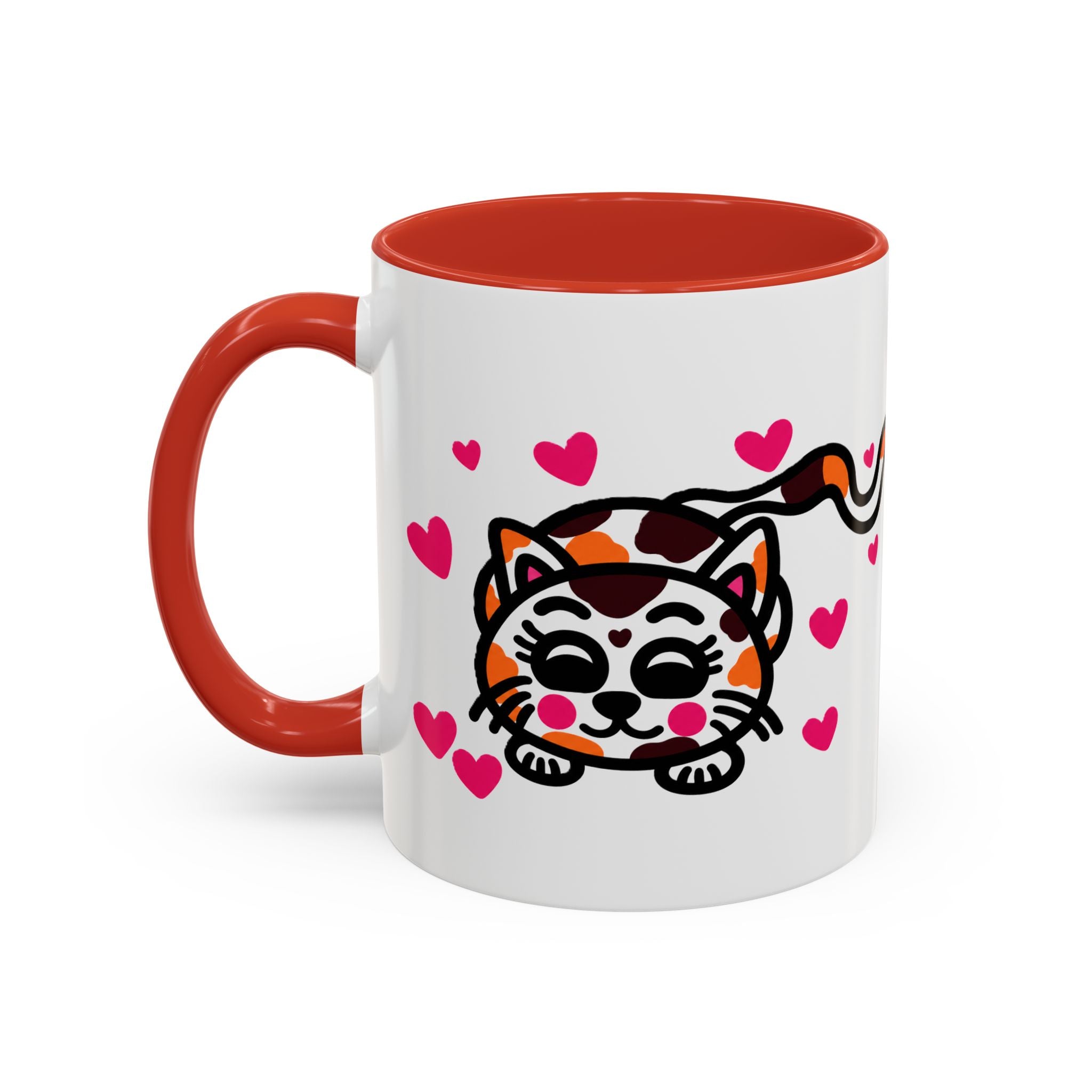 Hand-Drawn Calico Cat with Pink Hearts Mug | Accent Coffee Mug 11oz 15oz