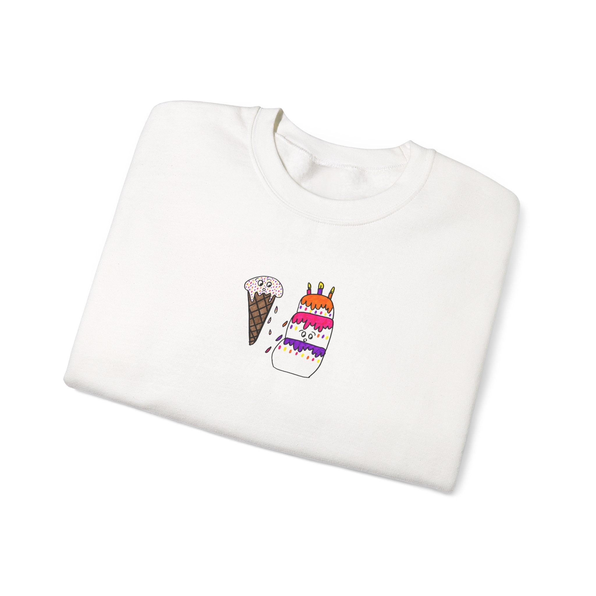 Hand-Drawn Ice Cream Cone and Birthday Cake Sweatshirt | Cute Dessert Illustration