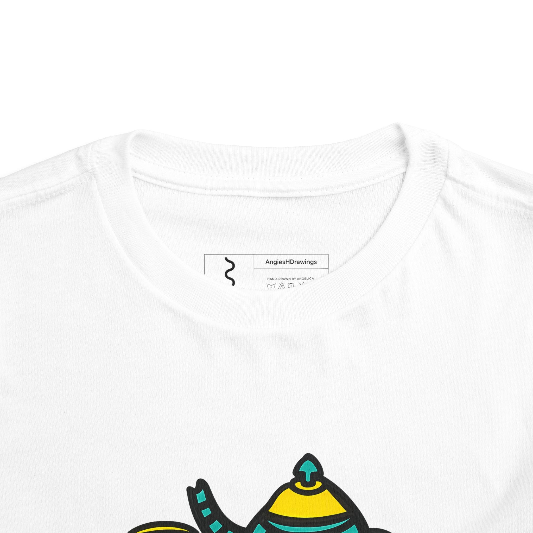 Hand-Drawn Yellow and Teal Mustache Tea Pot and Cup Illustration Toddler Tee | Cute Teatime Kids Shirt