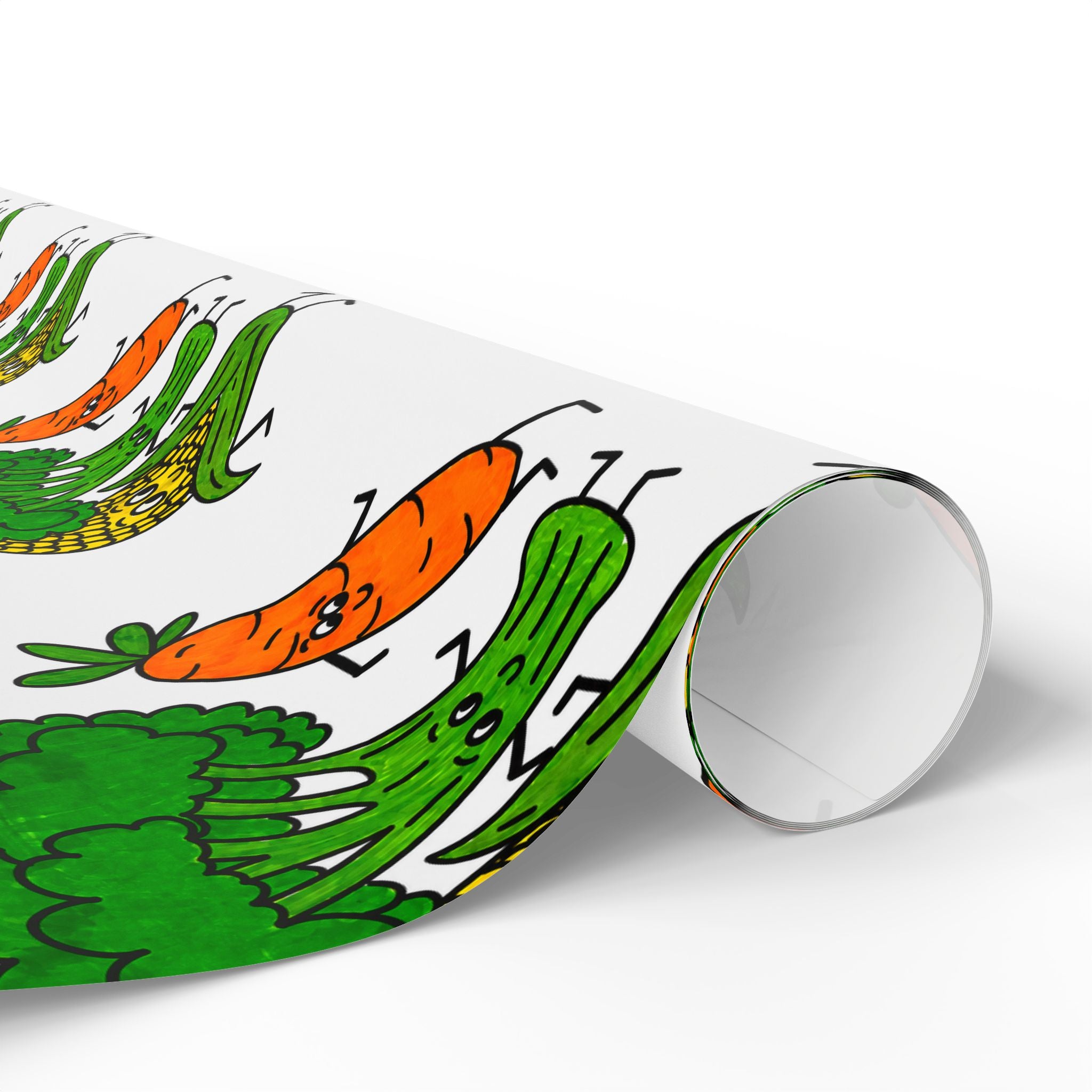 Hand-Drawn Happy Broccoli, Corn, and Carrot Pattern Wrapping Paper | Vegetable Gift Wrap
