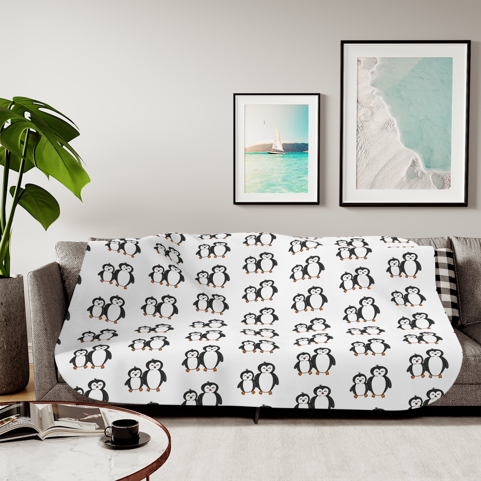 Hand-Drawn Penguin Pattern Sherpa Blanket | Cute Winter Animal Print