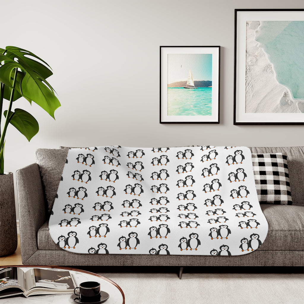 Hand-Drawn Penguin Pattern Sherpa Blanket | Cute Winter Animal Print