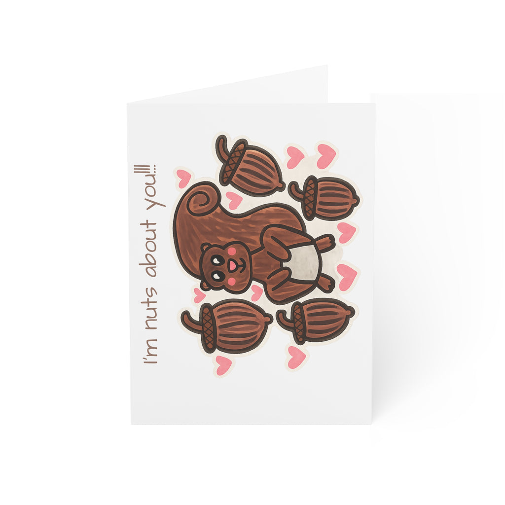 Hand-Drawn I'm Nuts About You Squirrel with Acorns and Hearts Greeting Card