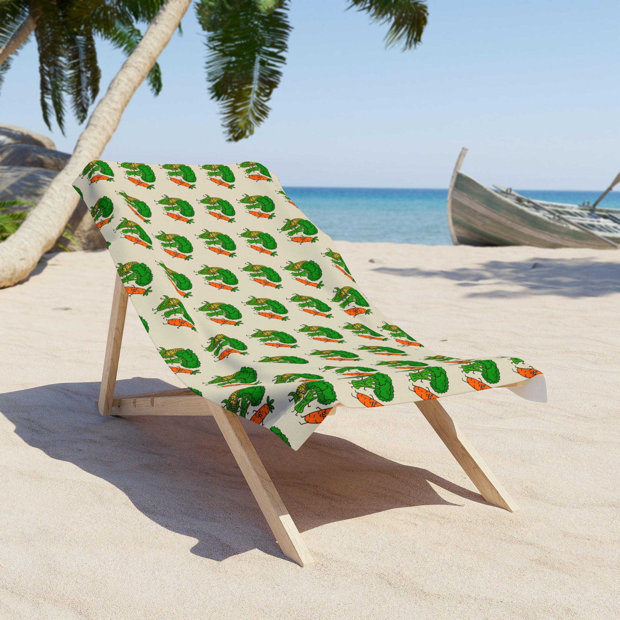 Hand-Drawn Smiling Broccoli, Corn, and Carrot Pattern Beach Towel | Green Veggie Repeat Print