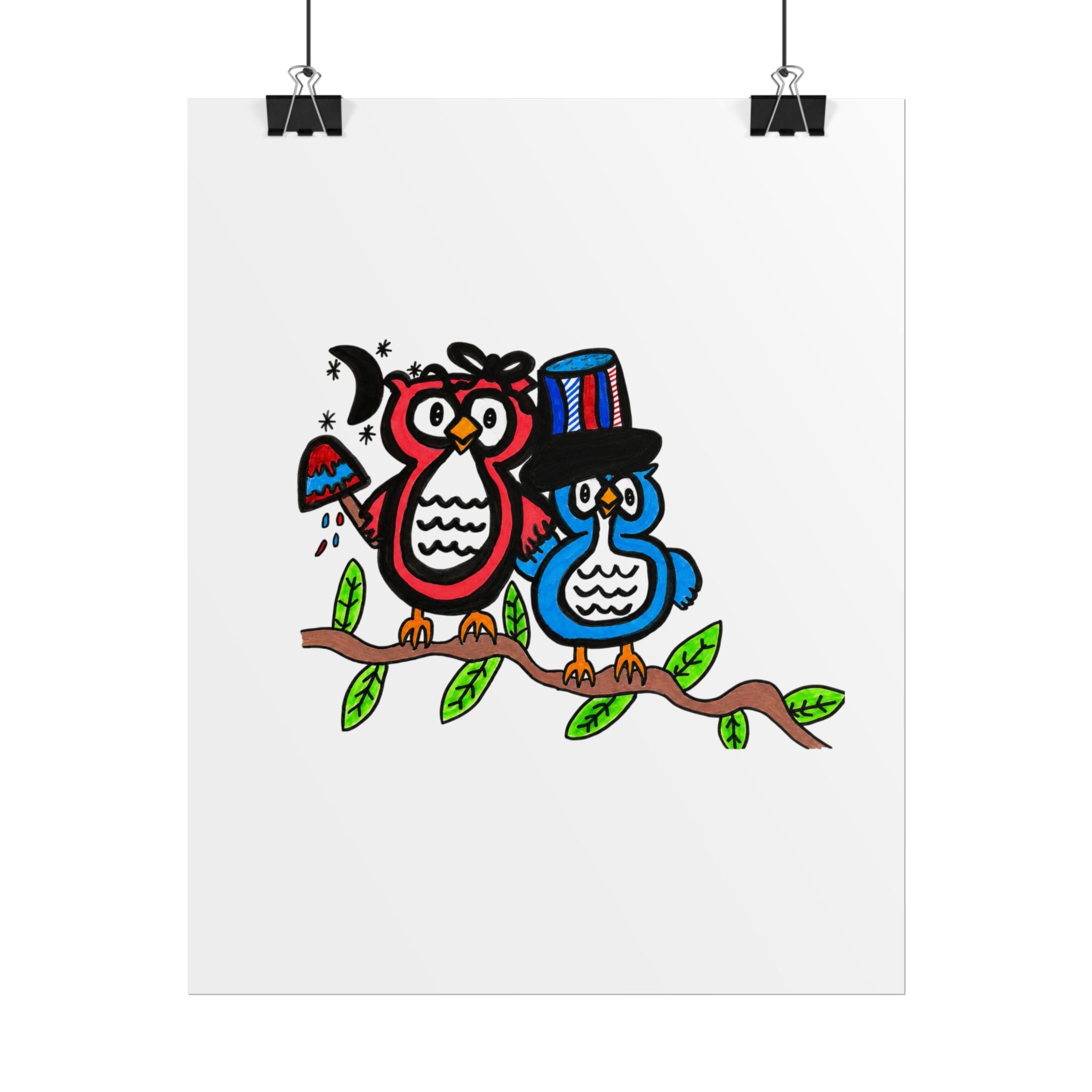 Hand-Drawn Patriotic Owl Couple Rolled Posters | Red White and Blue Owl Art