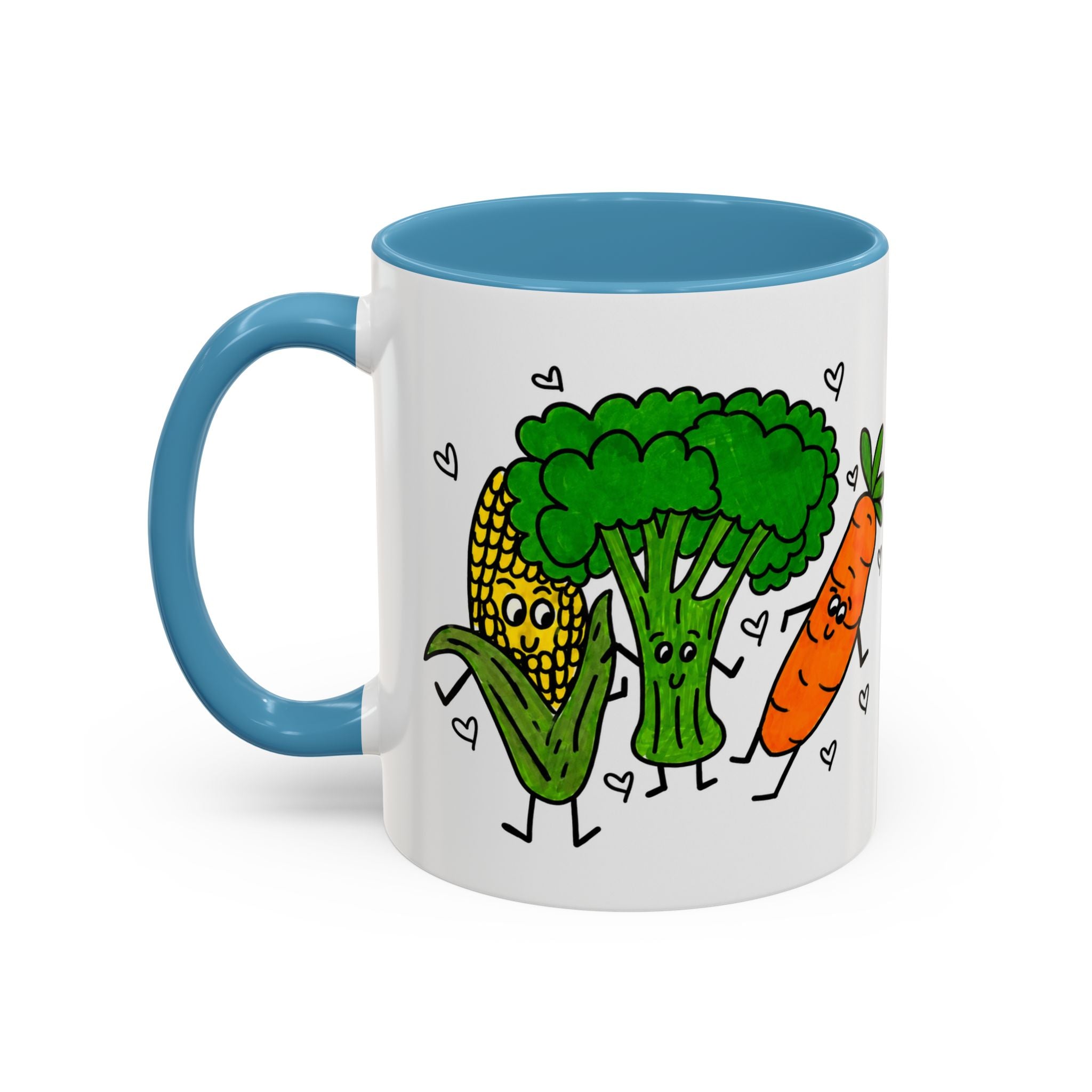 Hand-Drawn Dancing Veggies Carrot Broccoli Corn Mug | Accent Coffee Mug