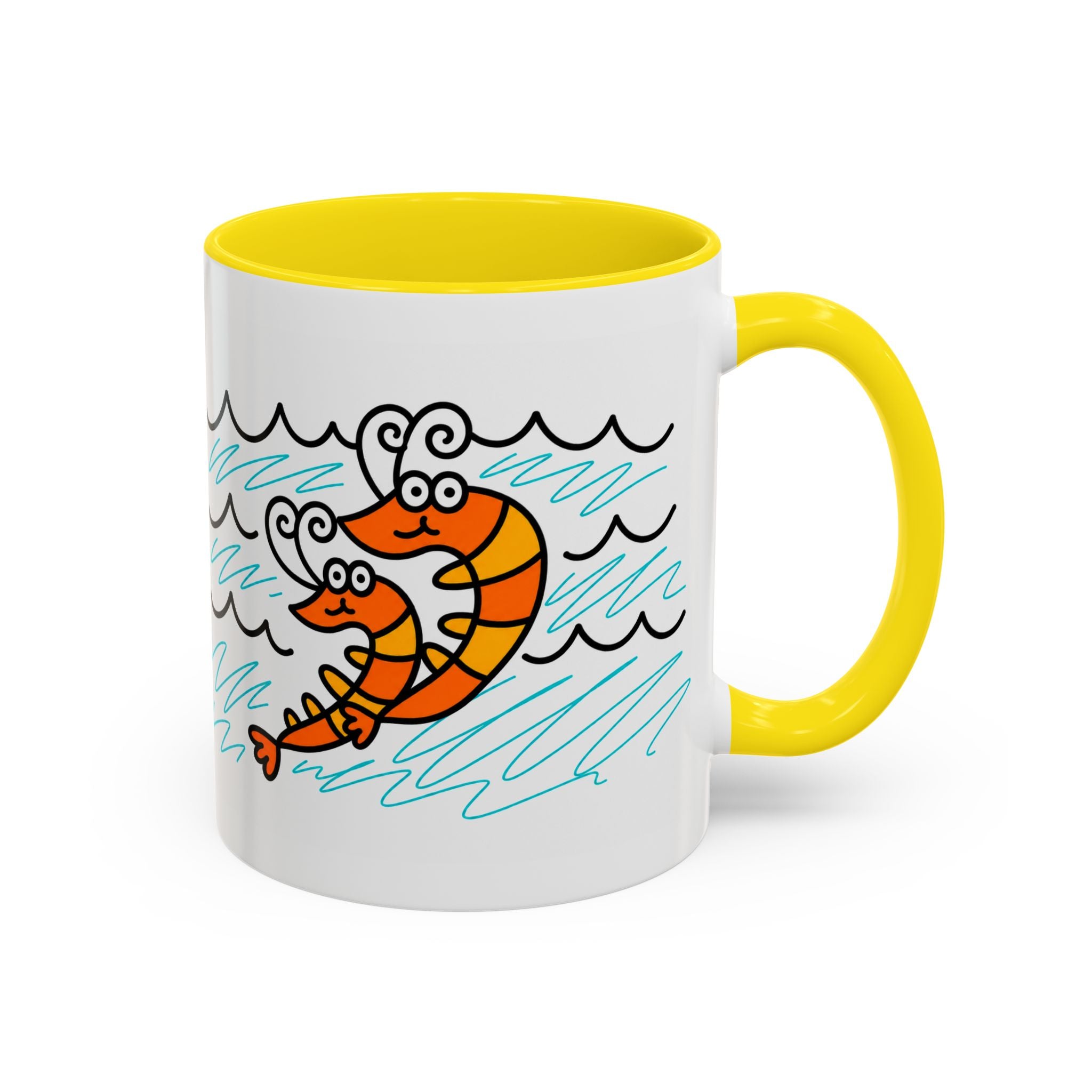 Hand-Drawn Two Shrimp Ocean Waves Mug | Coastal Seafood Ceramic Coffee Mug