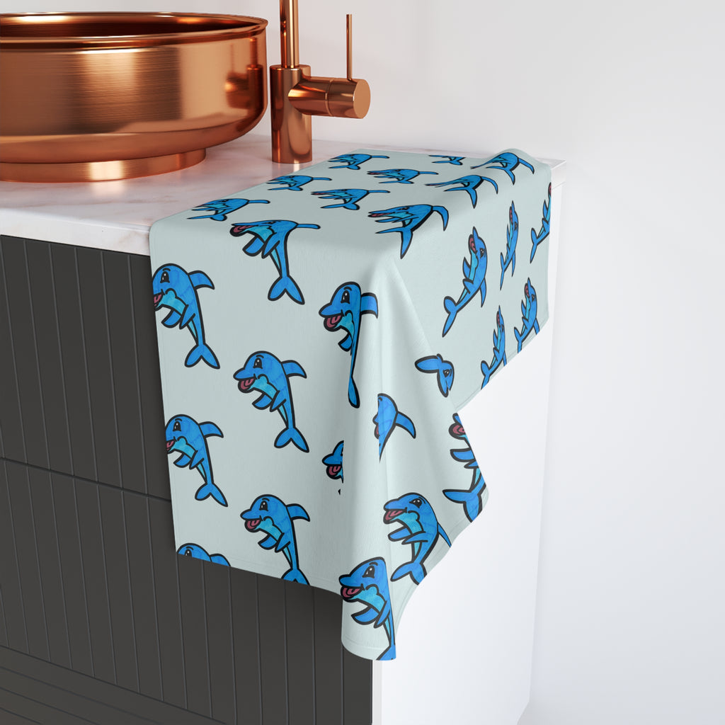 Hand-Drawn Playful Blue Dolphin Pattern Hand Towel | Nautical Beach Bath Towel
