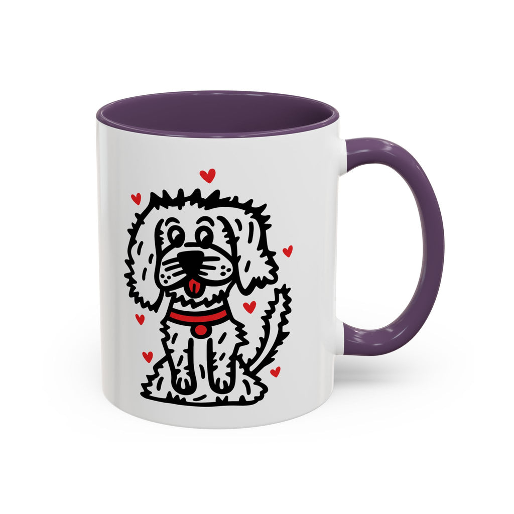 Hand-Drawn Fluffy Dog Red Collar Accent Coffee Mug | White Dog Illustration