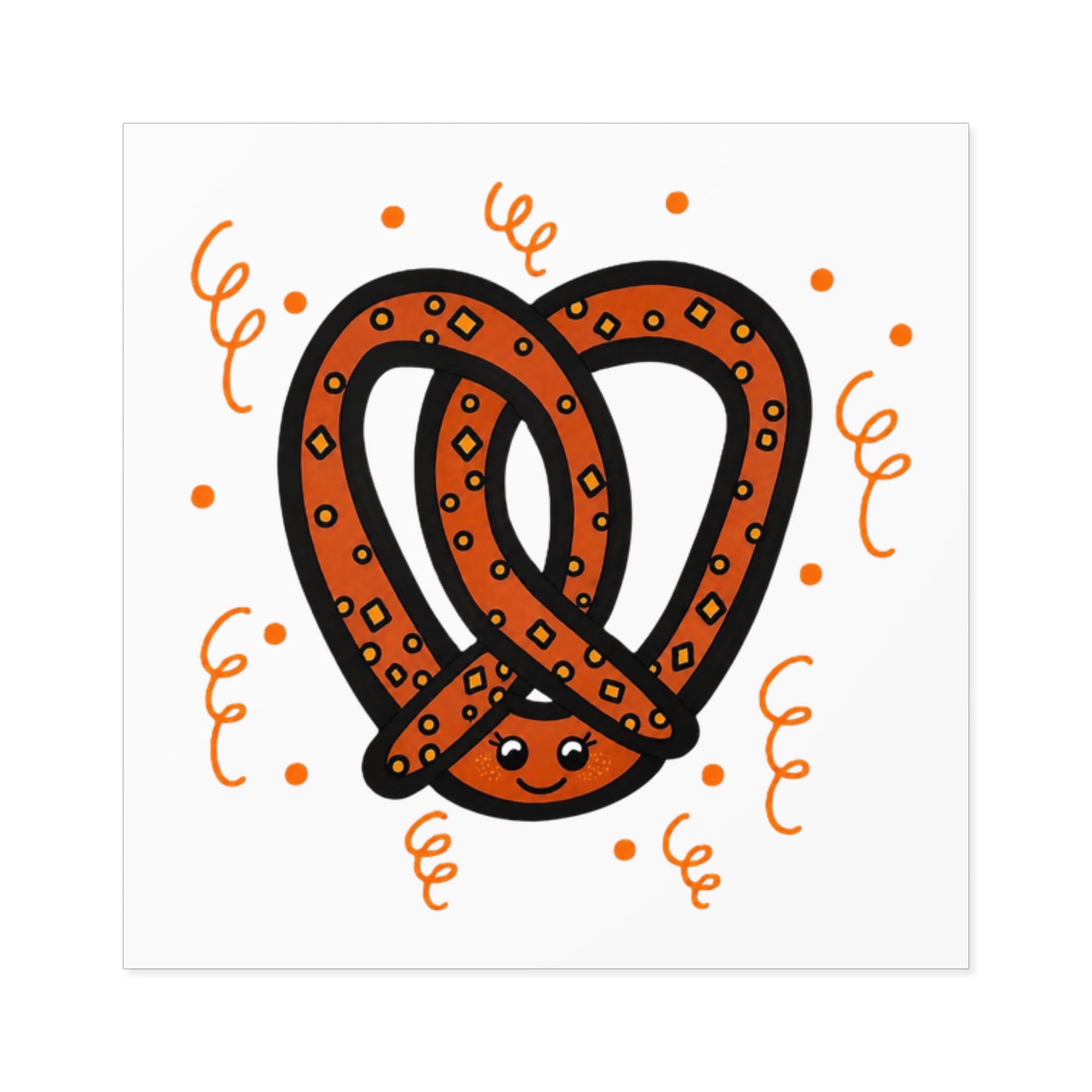 Hand-Drawn Smiling Salted Pretzel Square Sticker | Indoor Outdoor