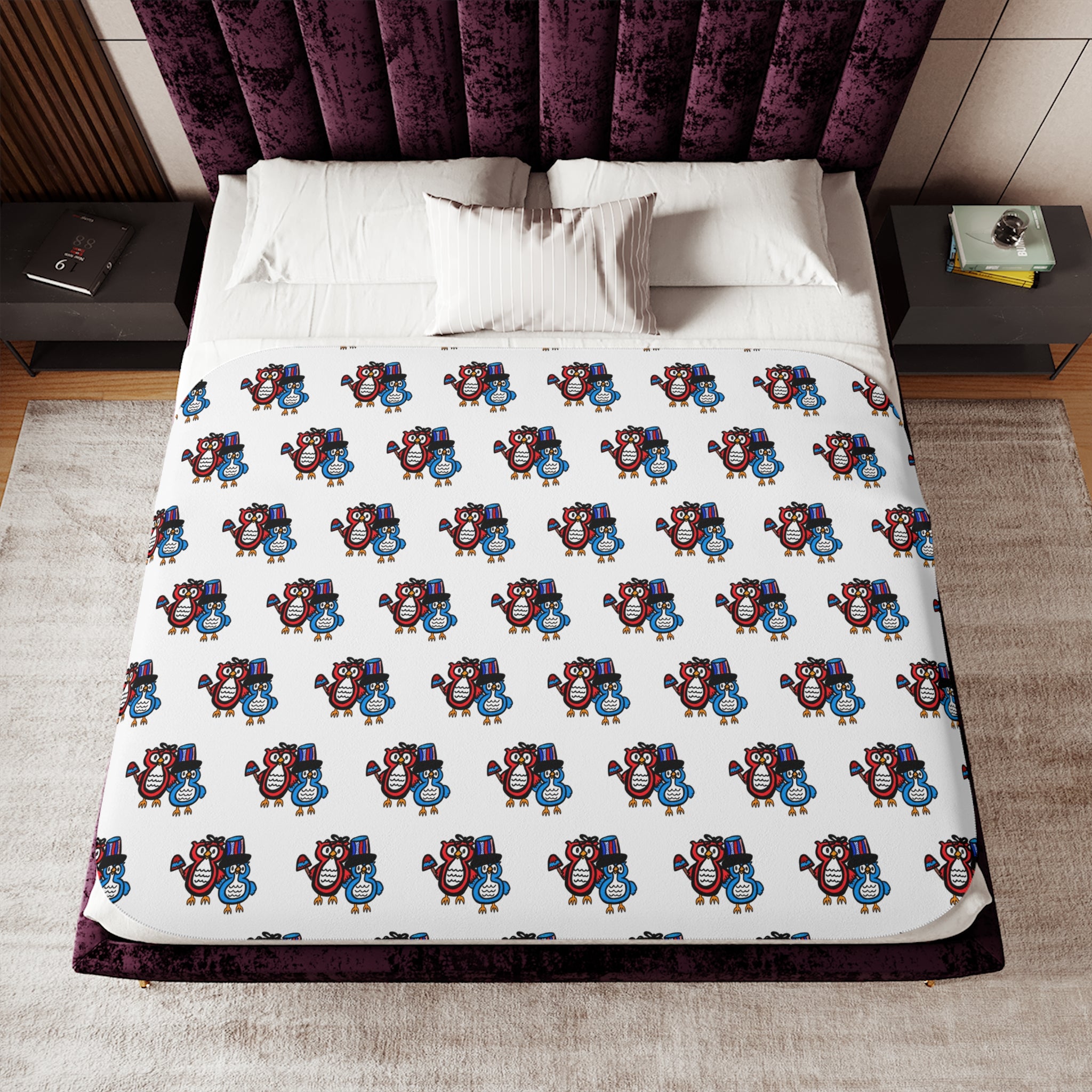 Hand-Drawn Blue and Red Patriotic Owl Pattern Sherpa Blanket | Repeating Whimsical Design