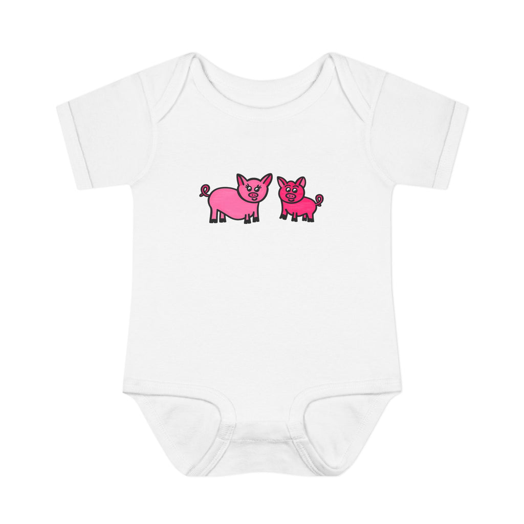 Hand-Drawn Pink Piglet Duo Infant Bodysuit | Cute Farm Animal Baby Onesie