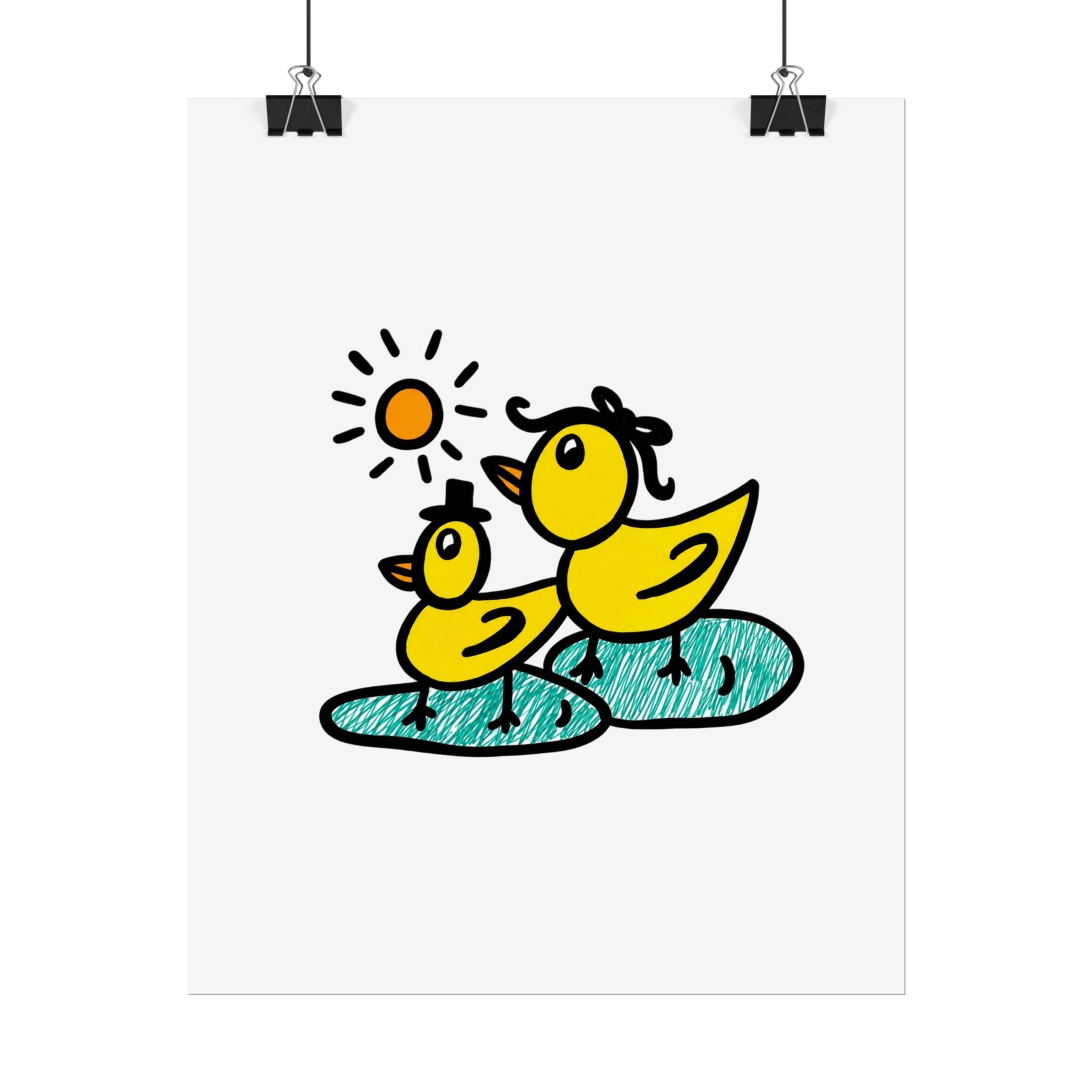 Hand-Drawn Mama Duck and Duckling Poster | Cute Duck Pond Illustration