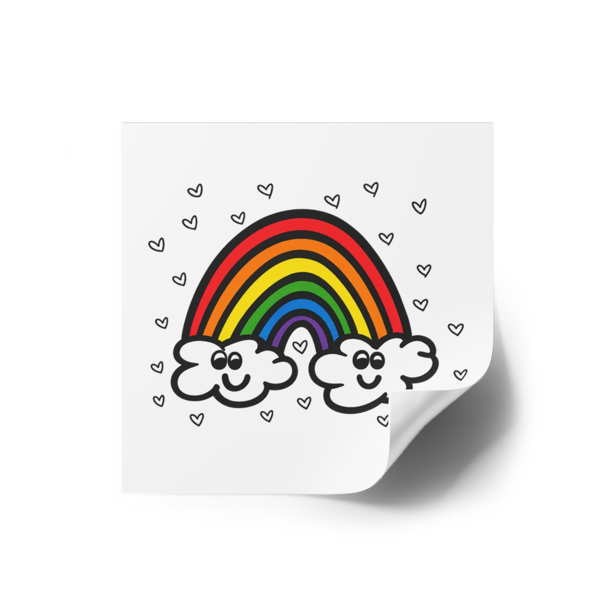Hand-Drawn Smiling Rainbow with Hearts Square Stickers | Indoor Outdoor