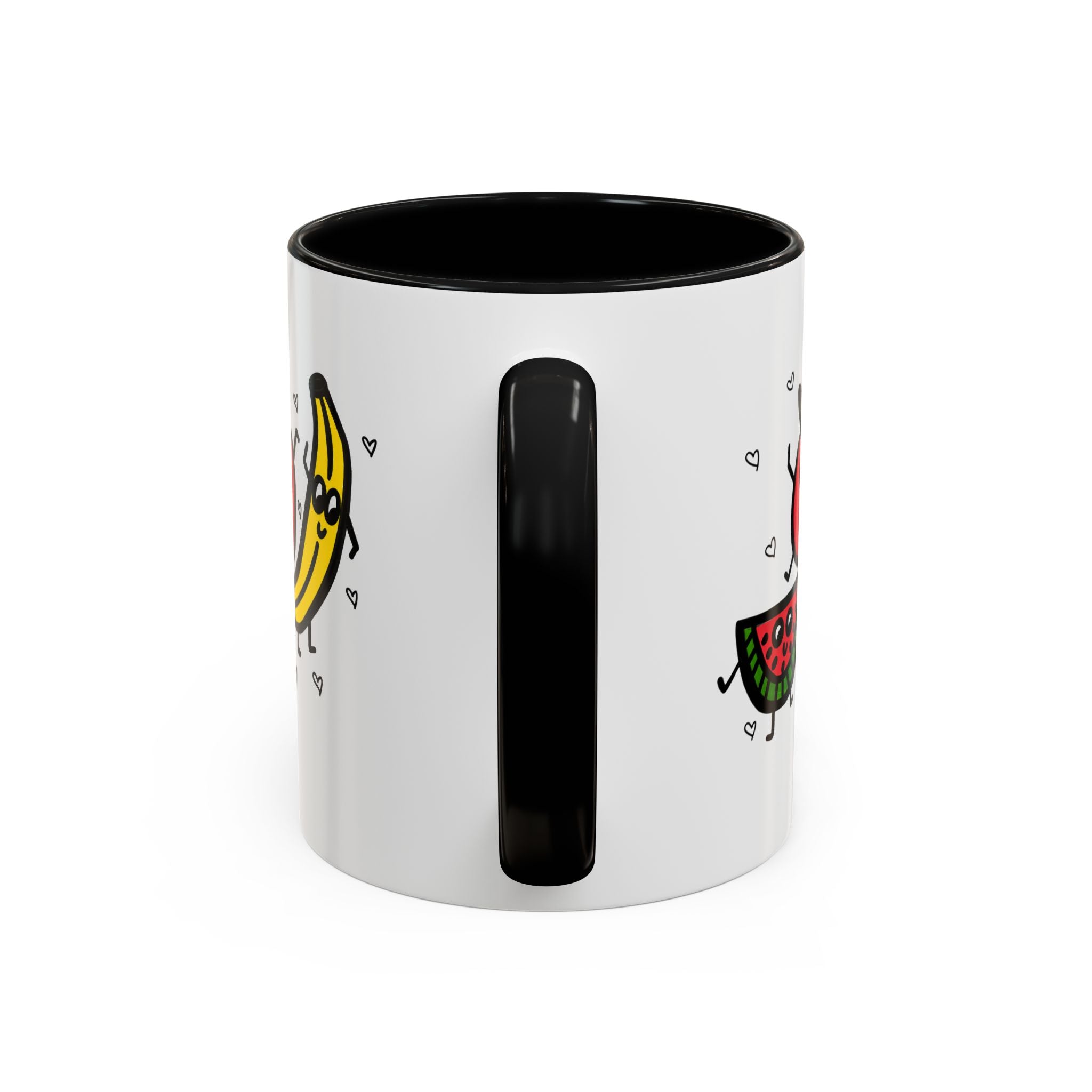 Hand-Drawn Smiling Banana Apple Watermelon Mug | Cute Fruit Faces Coffee Cup