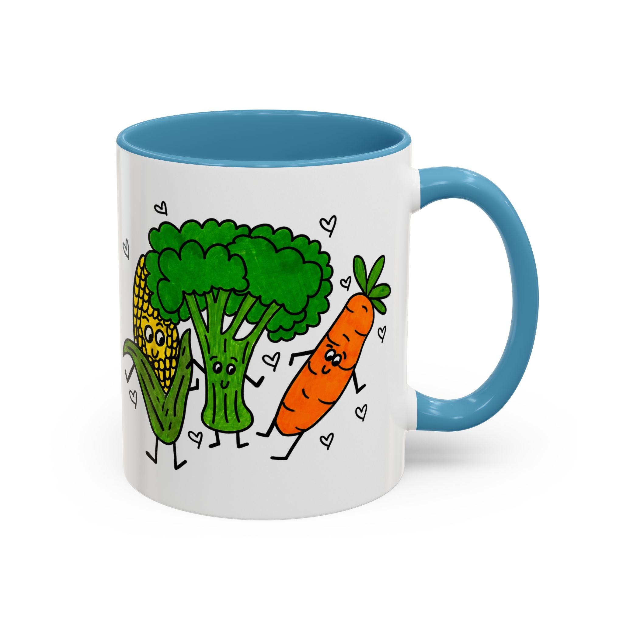 Hand-Drawn Dancing Veggies Carrot Broccoli Corn Mug | Accent Coffee Mug