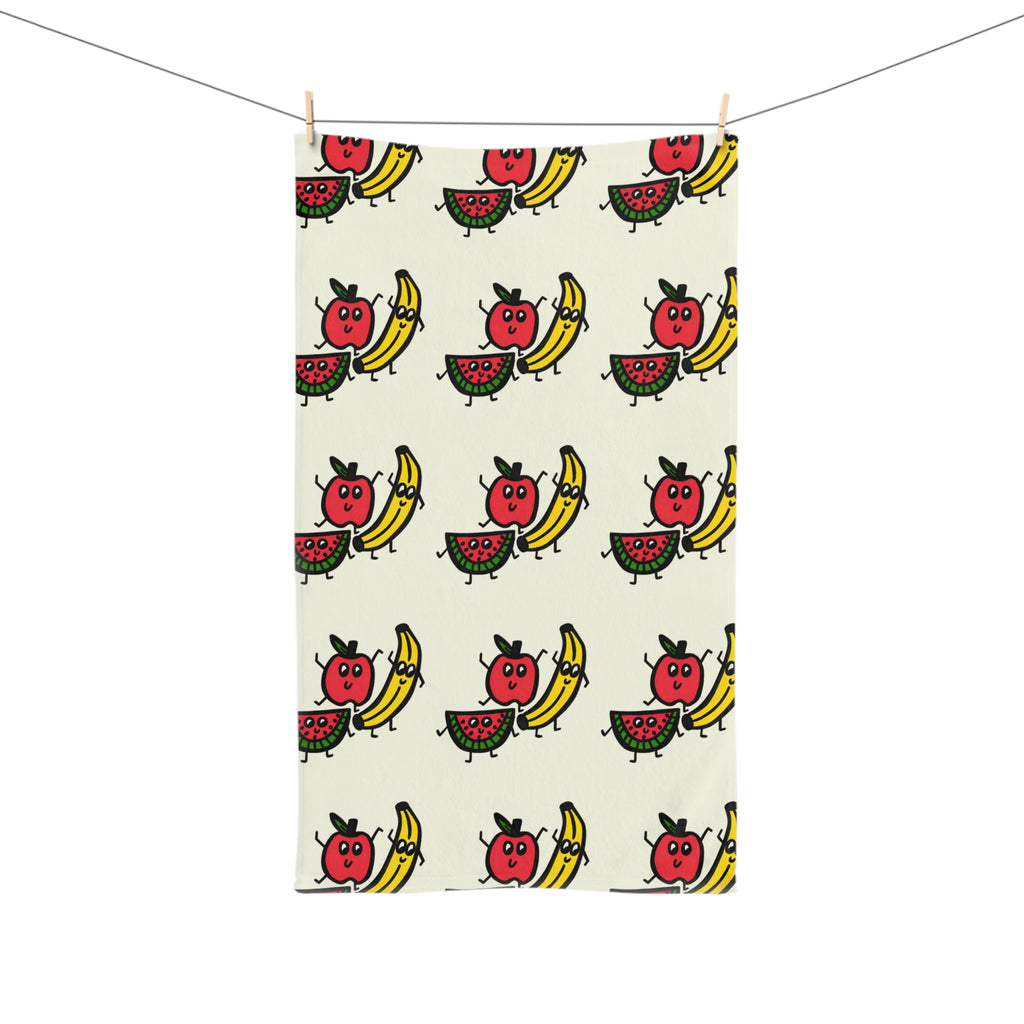 Hand-Drawn Smiling Fruit Characters apple watermelon banana Hand Towel | Cute Kitchen Towel