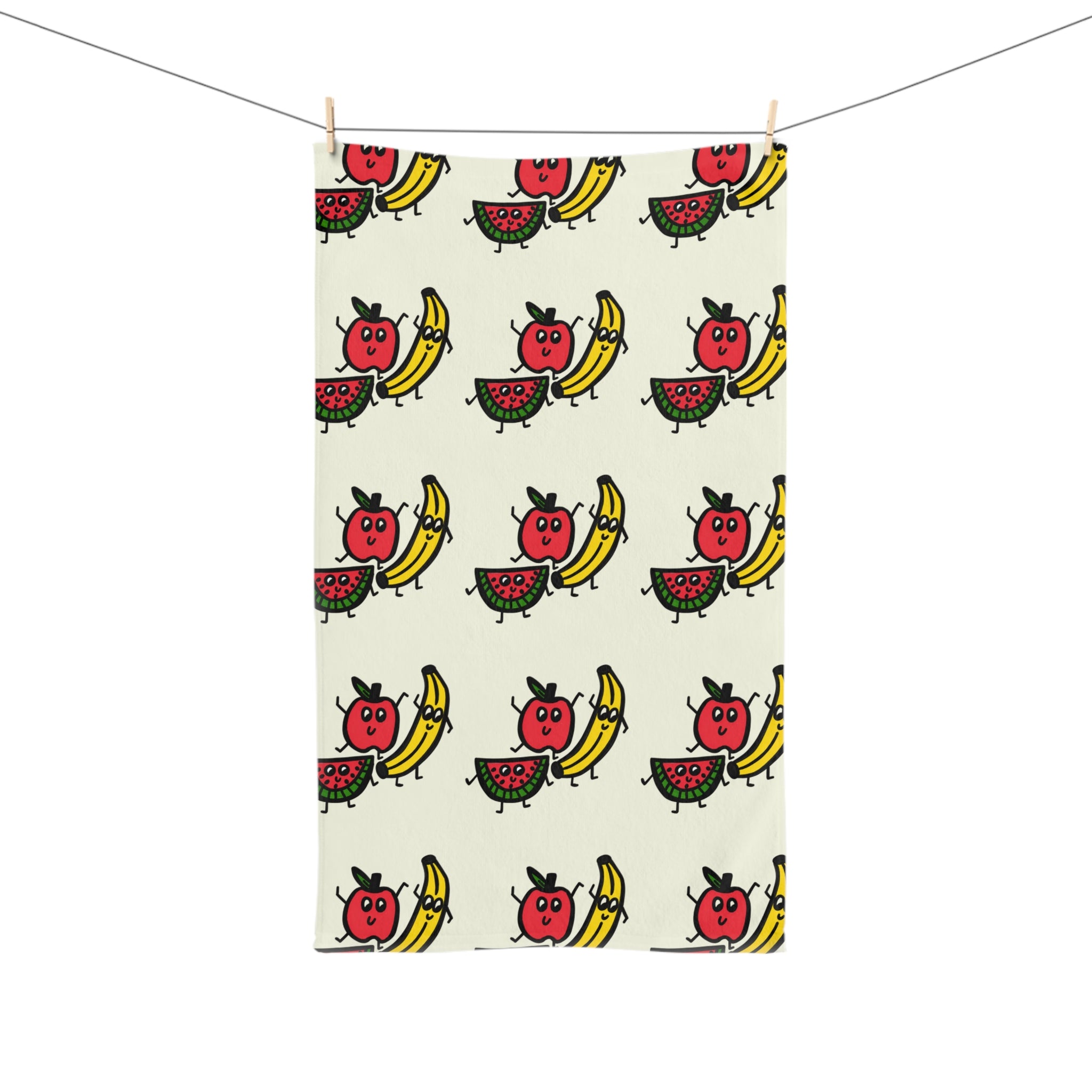 Hand-Drawn Smiling Fruit Characters apple watermelon banana Hand Towel | Cute Kitchen Towel