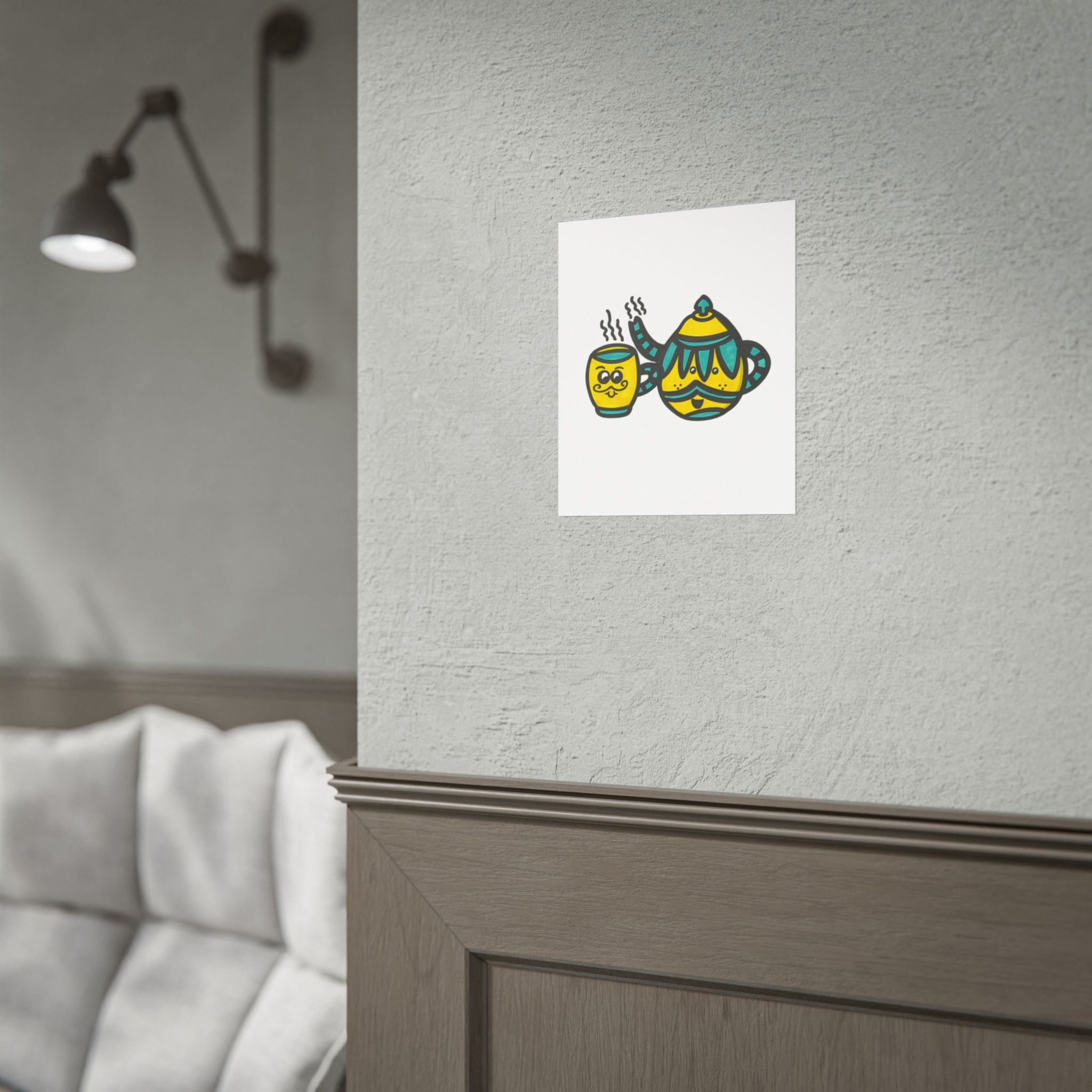 Hand-Drawn Cute Teal and Yellow Mustache Teapot and Cup Illustration Rolled Poster | Tea Art, Kitchen Print