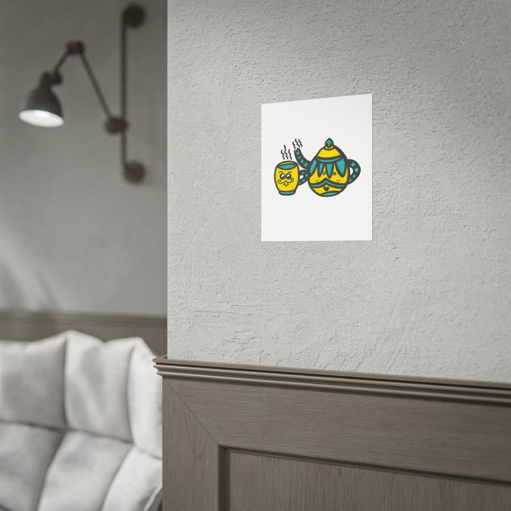 Hand-Drawn Cute Teal and Yellow Mustache Teapot and Cup Illustration Rolled Poster | Tea Art, Kitchen Print