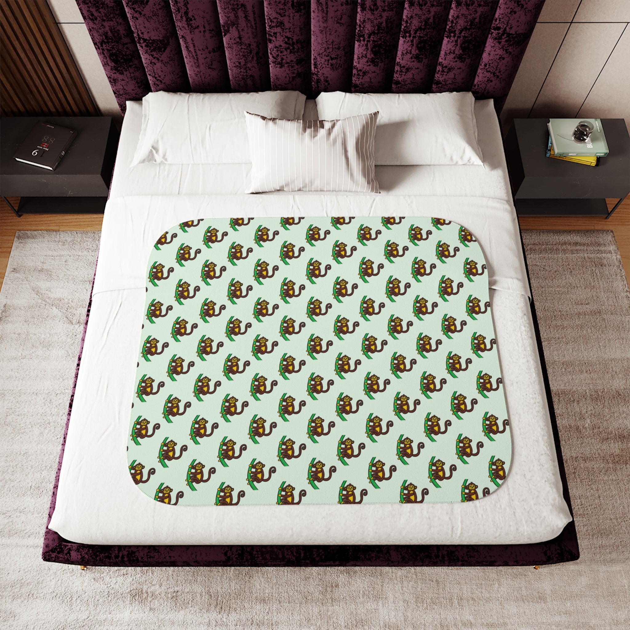 Hand-Drawn Retro Monkey Pattern Sherpa Blanket | Cute Jungle Animal Throw