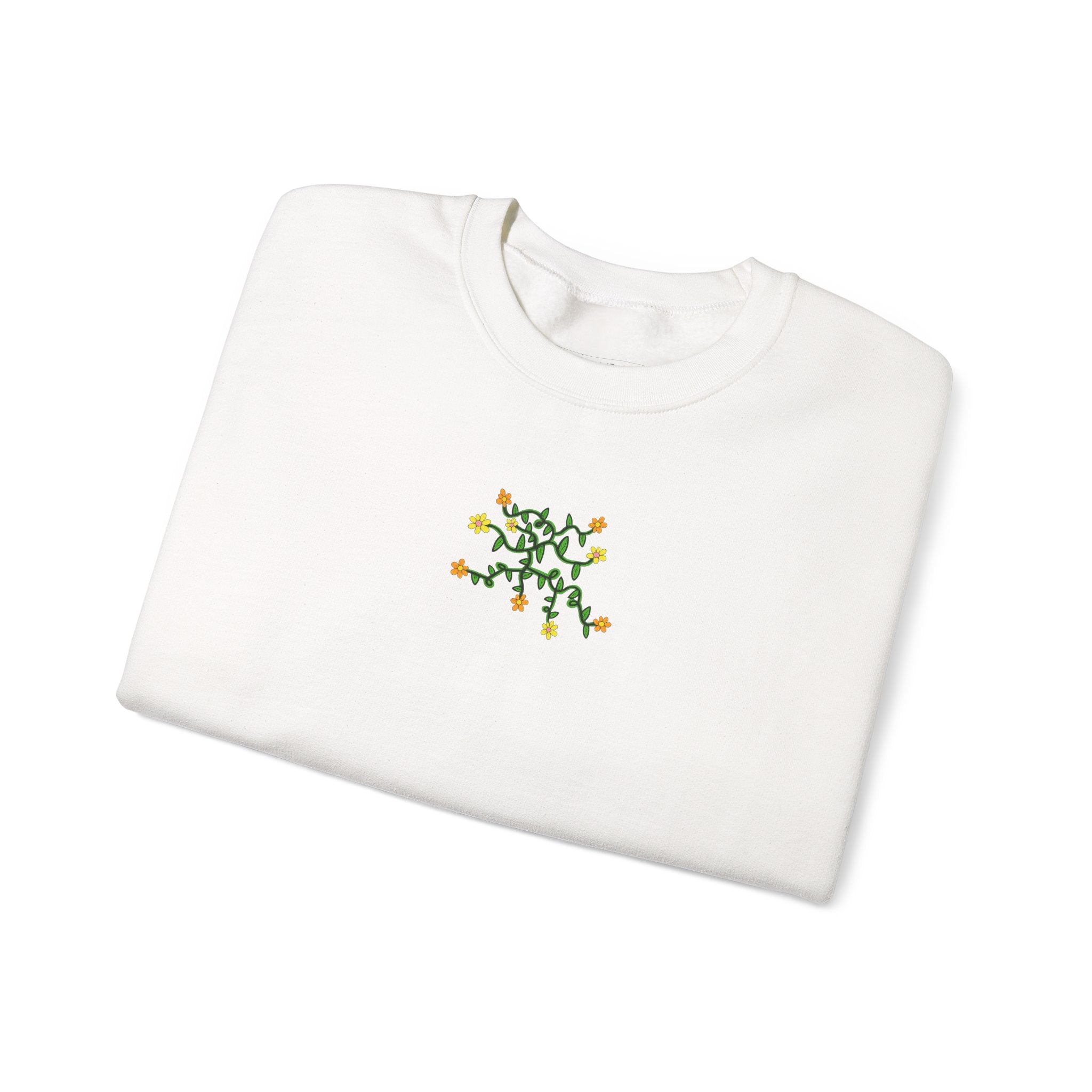 Hand-Drawn Yellow Orange Pink Flowers on Green Vine Sweatshirt