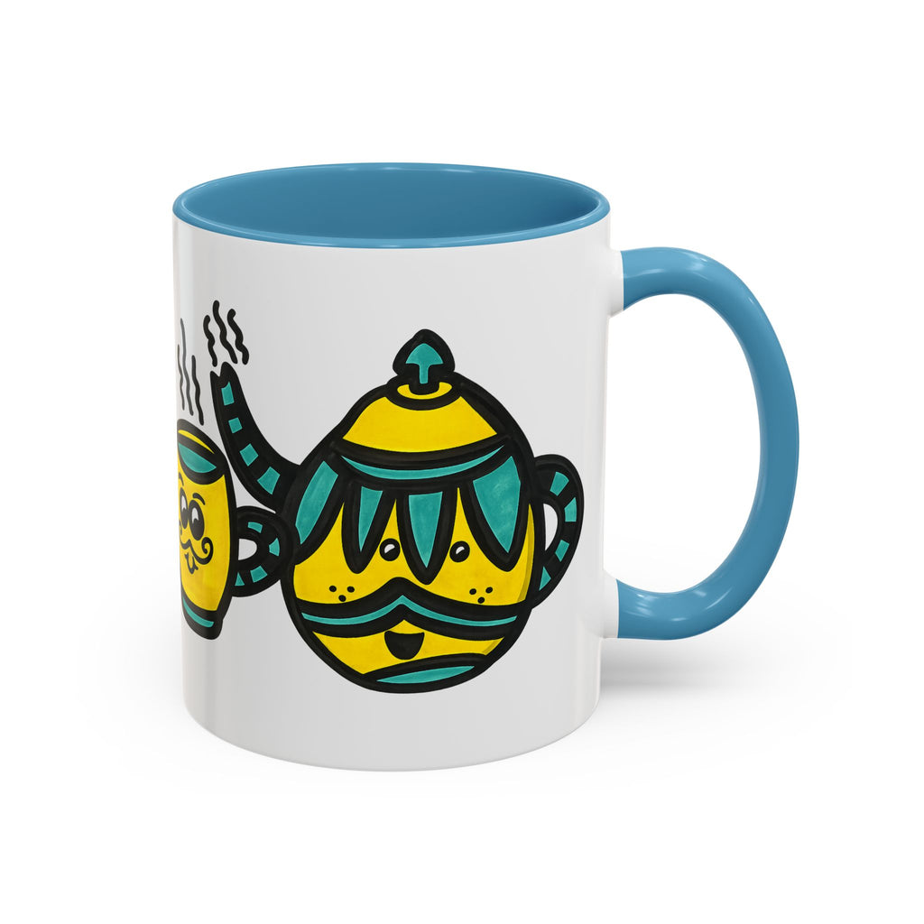 Hand-Drawn Yellow and Teal Mustache Teapot and Smiling Cup Mug | Accent Coffee Mug