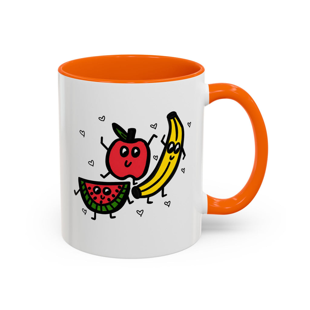Hand-Drawn Smiling Banana Apple Watermelon Mug | Cute Fruit Faces Coffee Cup