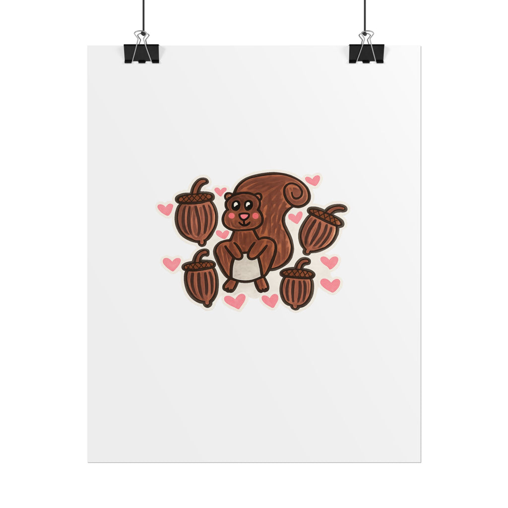 Hand-Drawn Cute Squirrel with Acorns Poster | Rolled Poster, Cute Woodland Animal Art